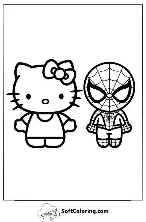 Hello Kitty And Spider-Man Coloring Page