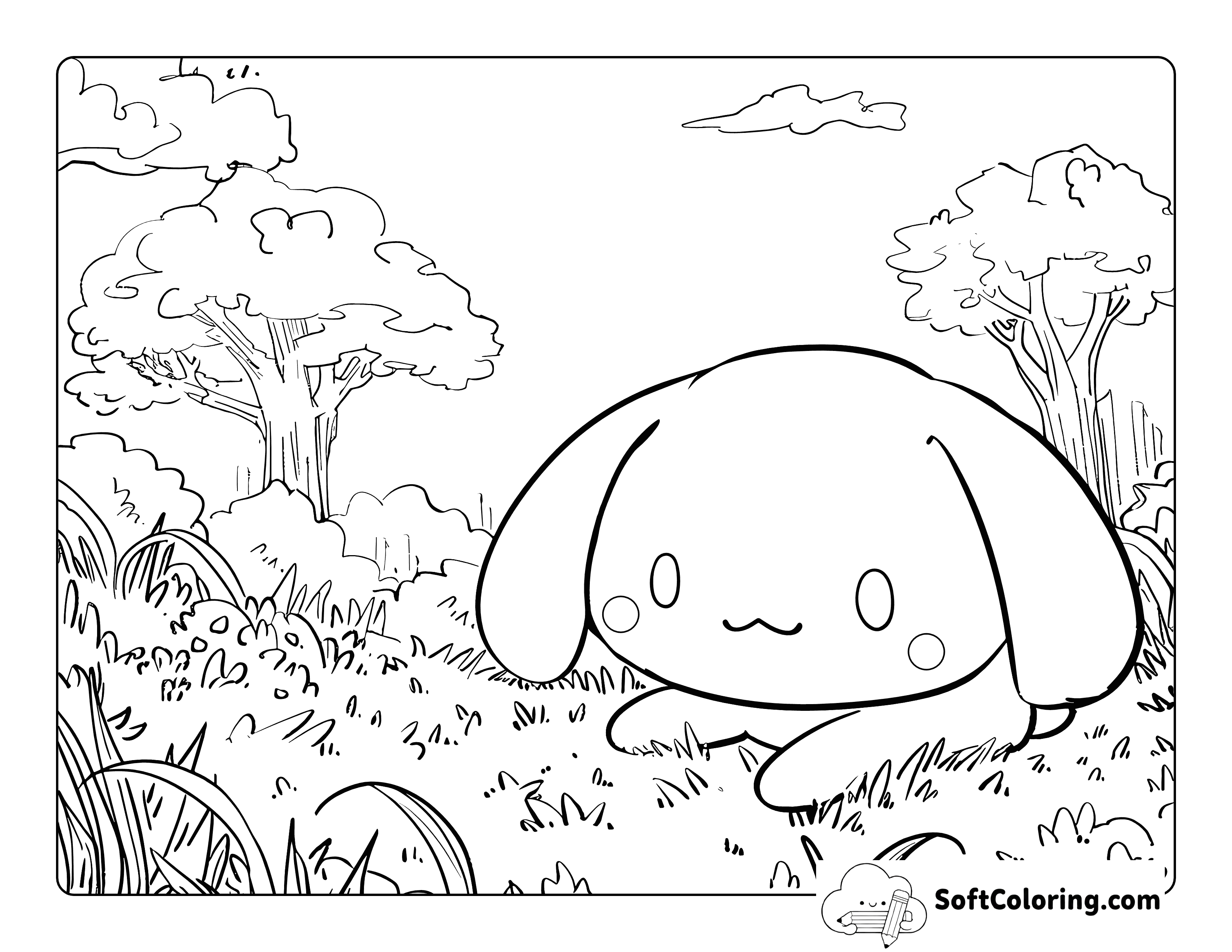 Cinnamoroll Laying in Meadow Hello Kitty-Inspired Coloring Page for Adults
