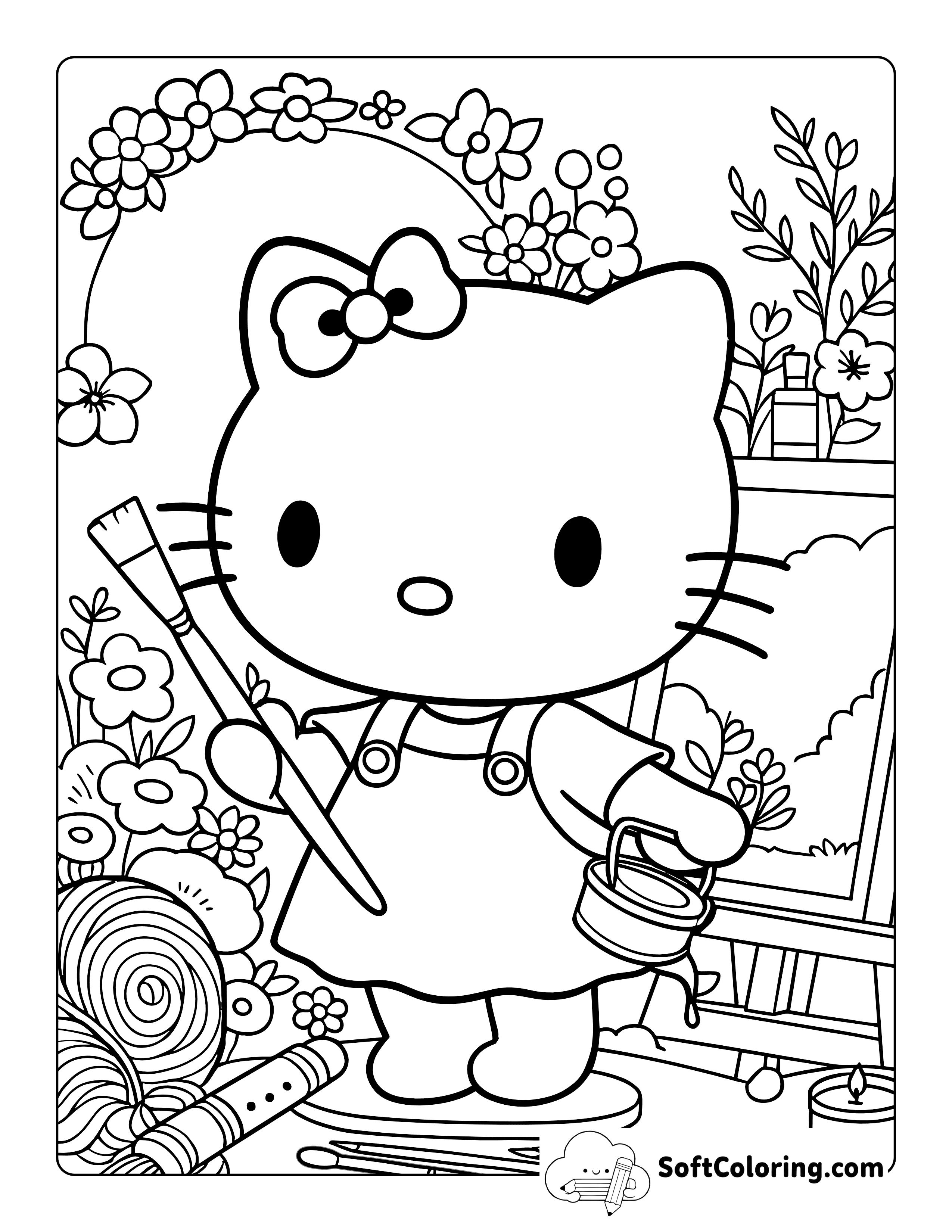 Painting Flowers Hello Kitty-Inspired Coloring Page for Adults