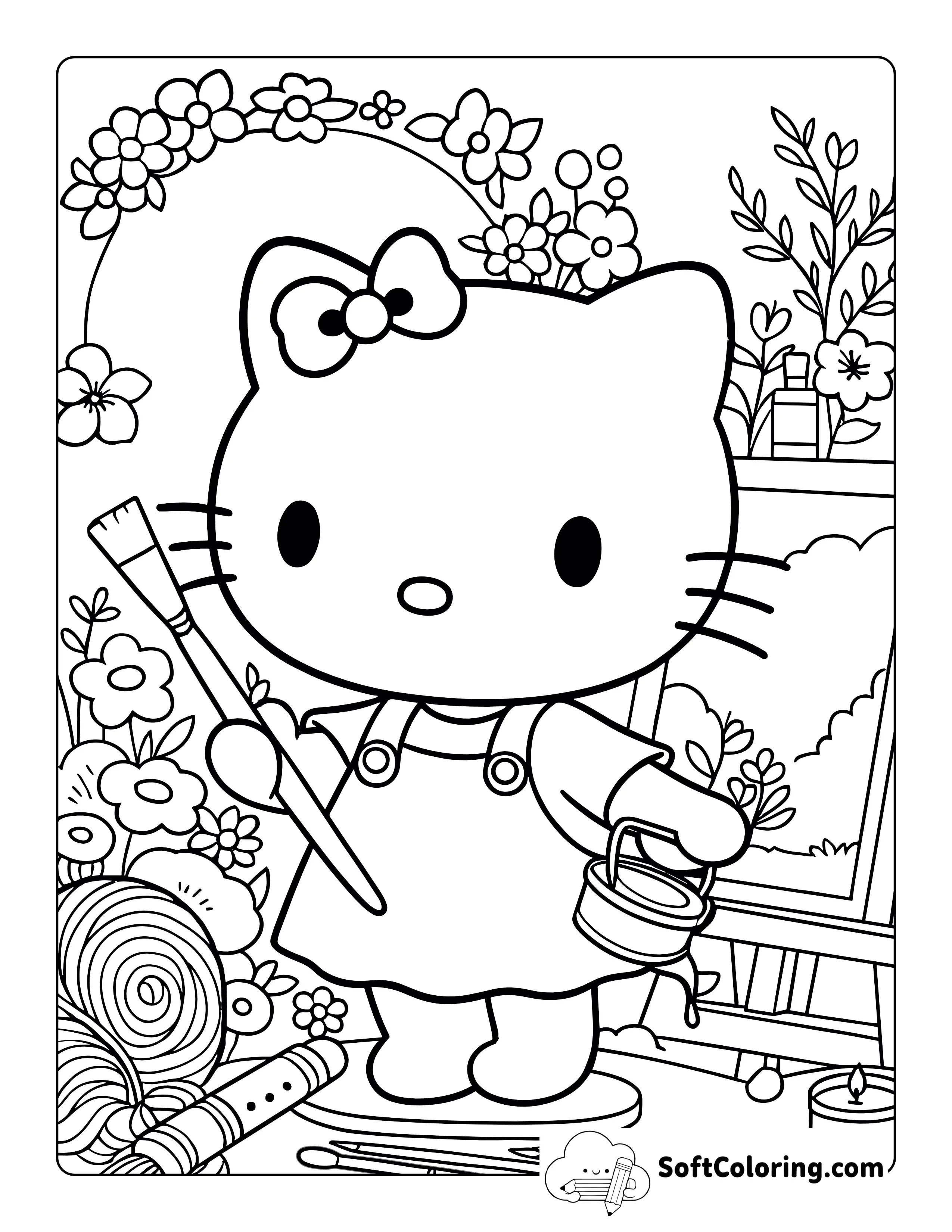 Painting Flowers Hello Kitty-Inspired Coloring Page For Adults