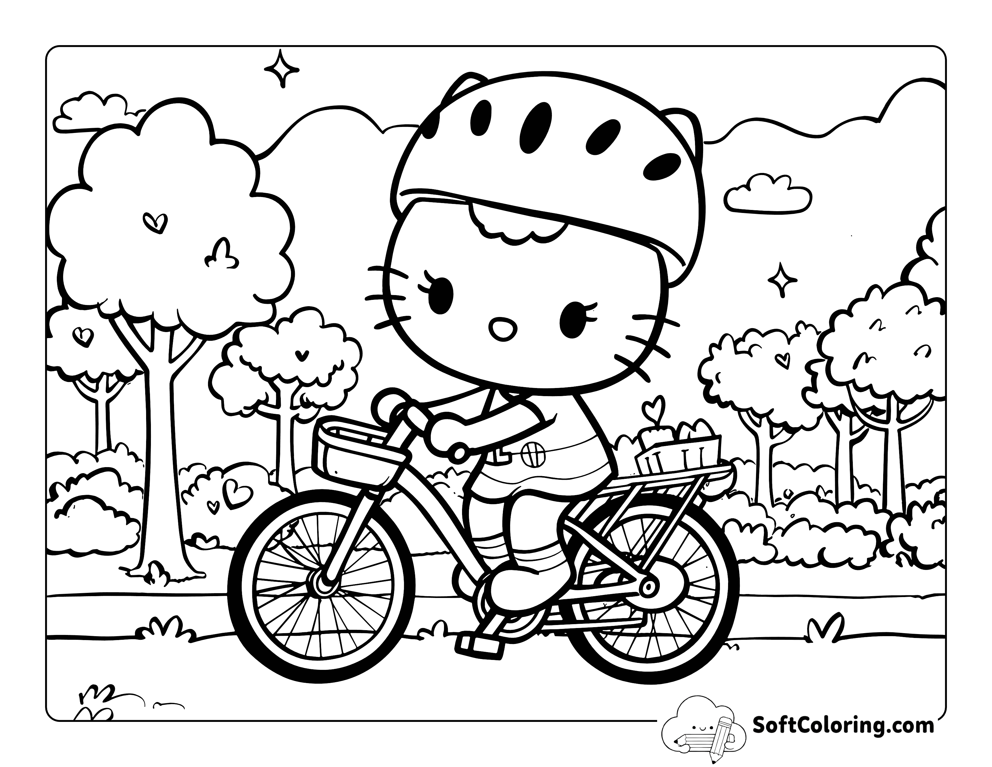Riding a Bike Coloring Page Inspired by Hello Kitty
