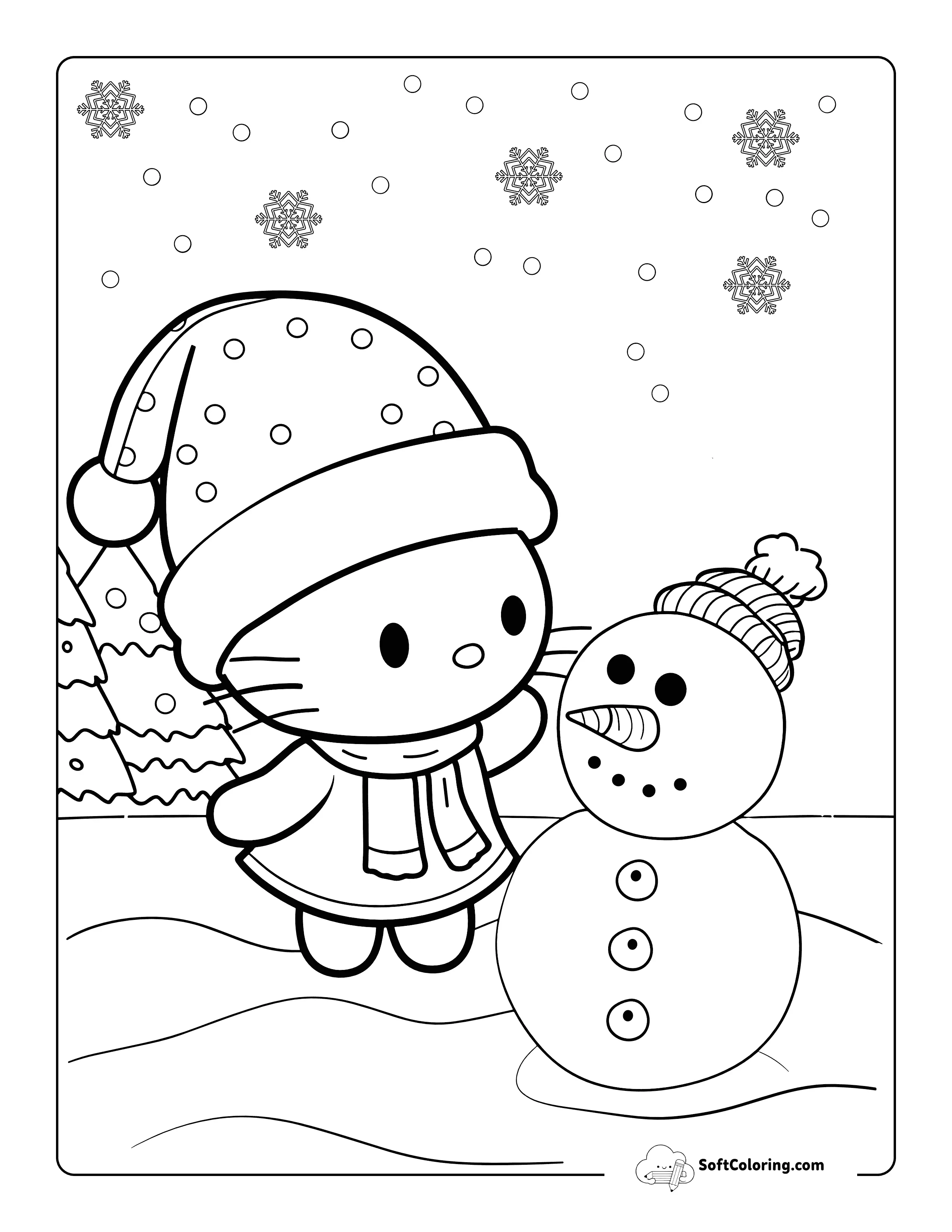 Kitty Building A Snowman Coloring Page For Kids