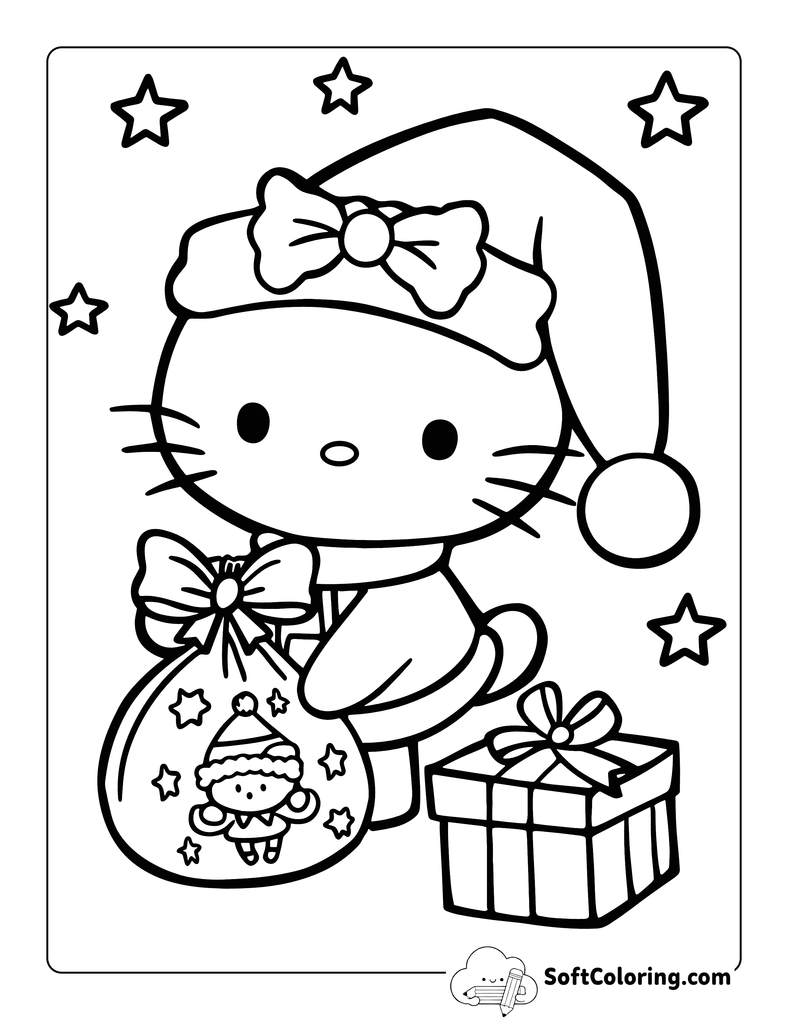 Cute Christmas Hello Kitty-Inspired Coloring Page