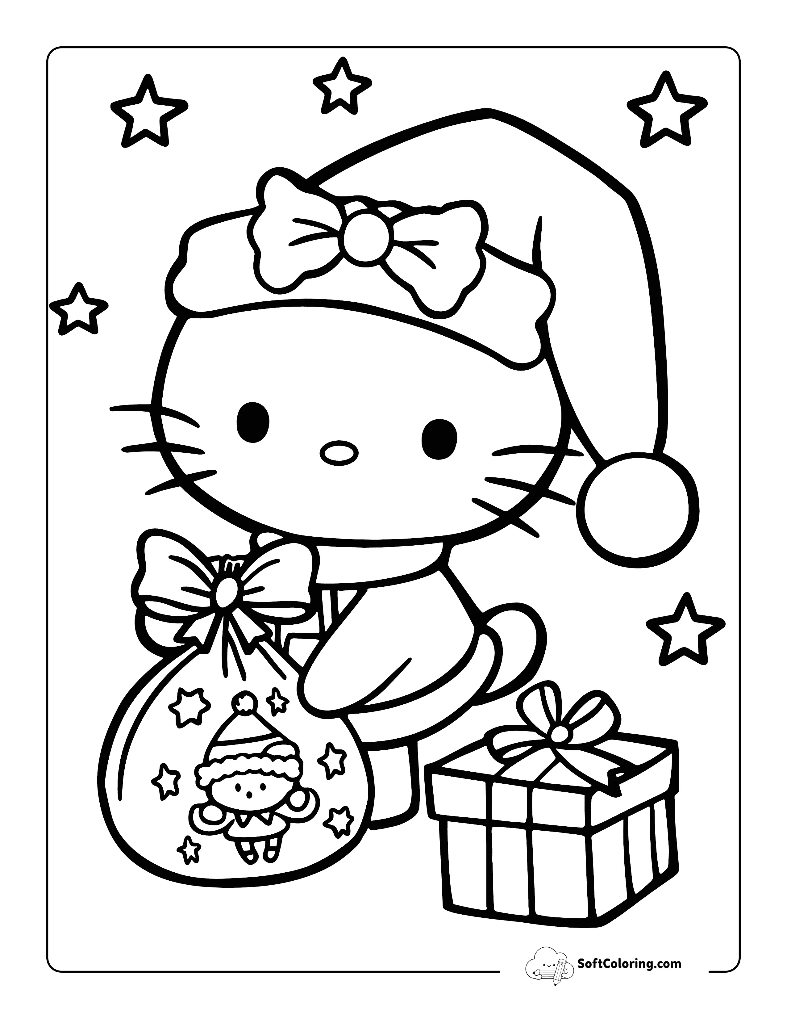 Cute Christmas Hello Kitty-Inspired Coloring Page
