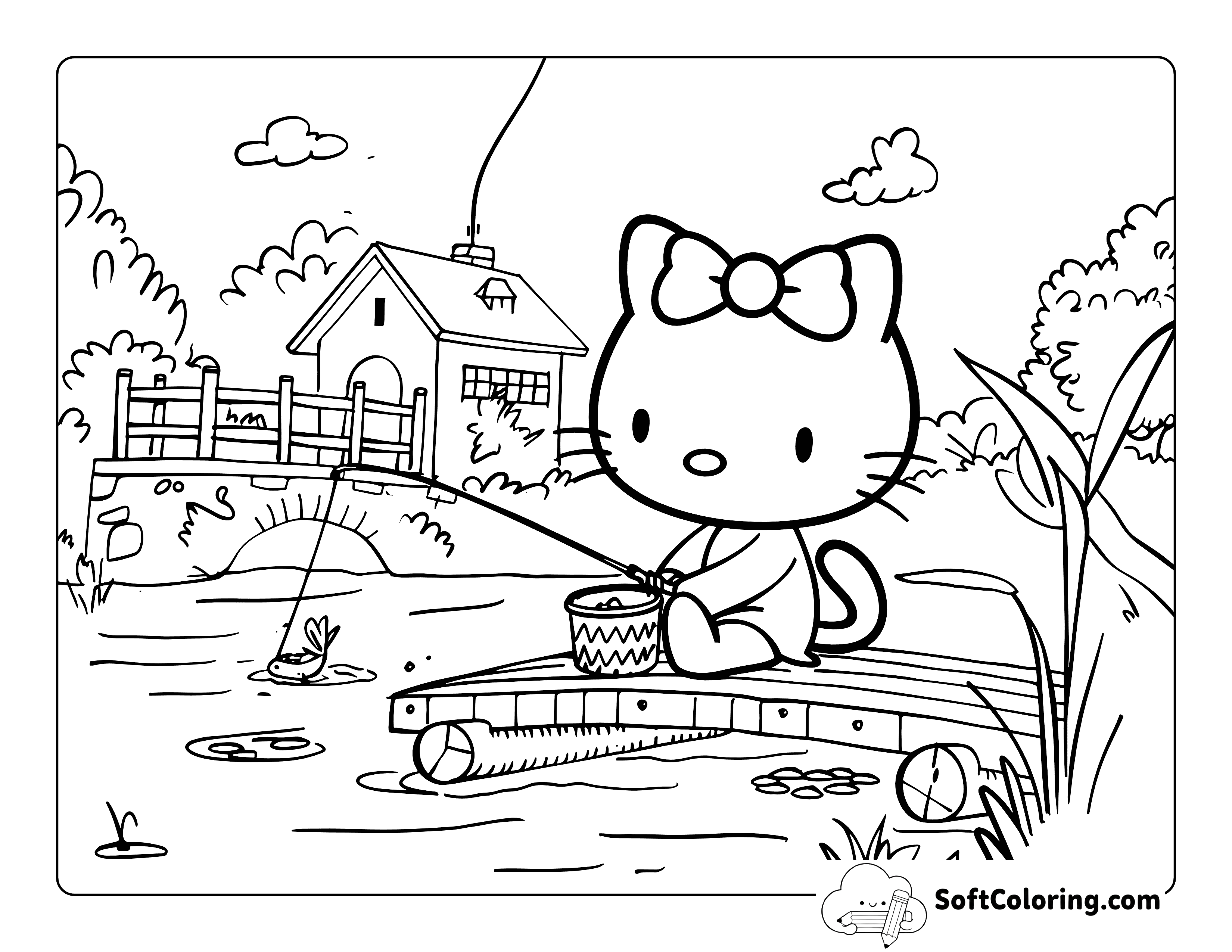 Hello Kitty-Inspired Fishing Coloring Page