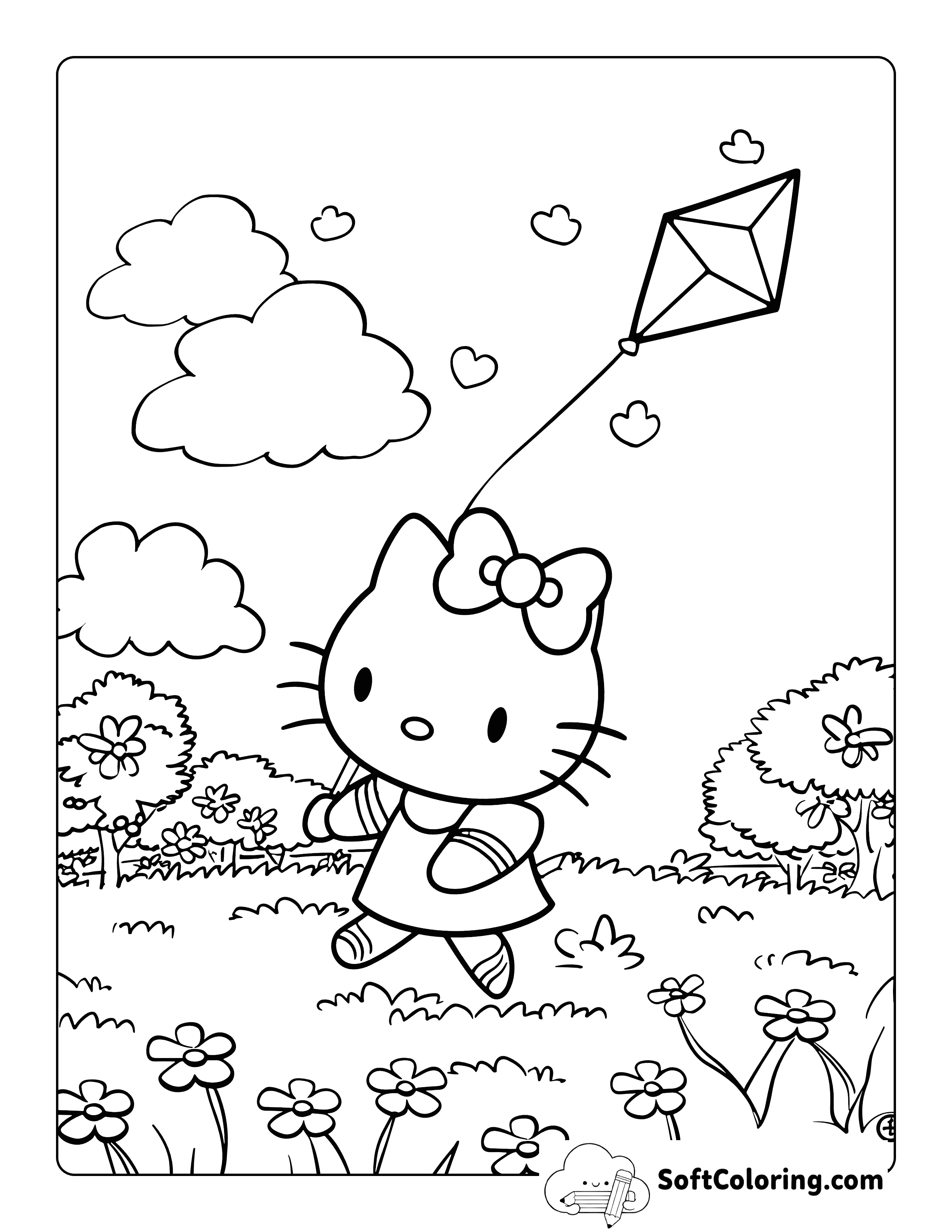 Flying a Kite Hello Kitty-Inspired Coloring Page