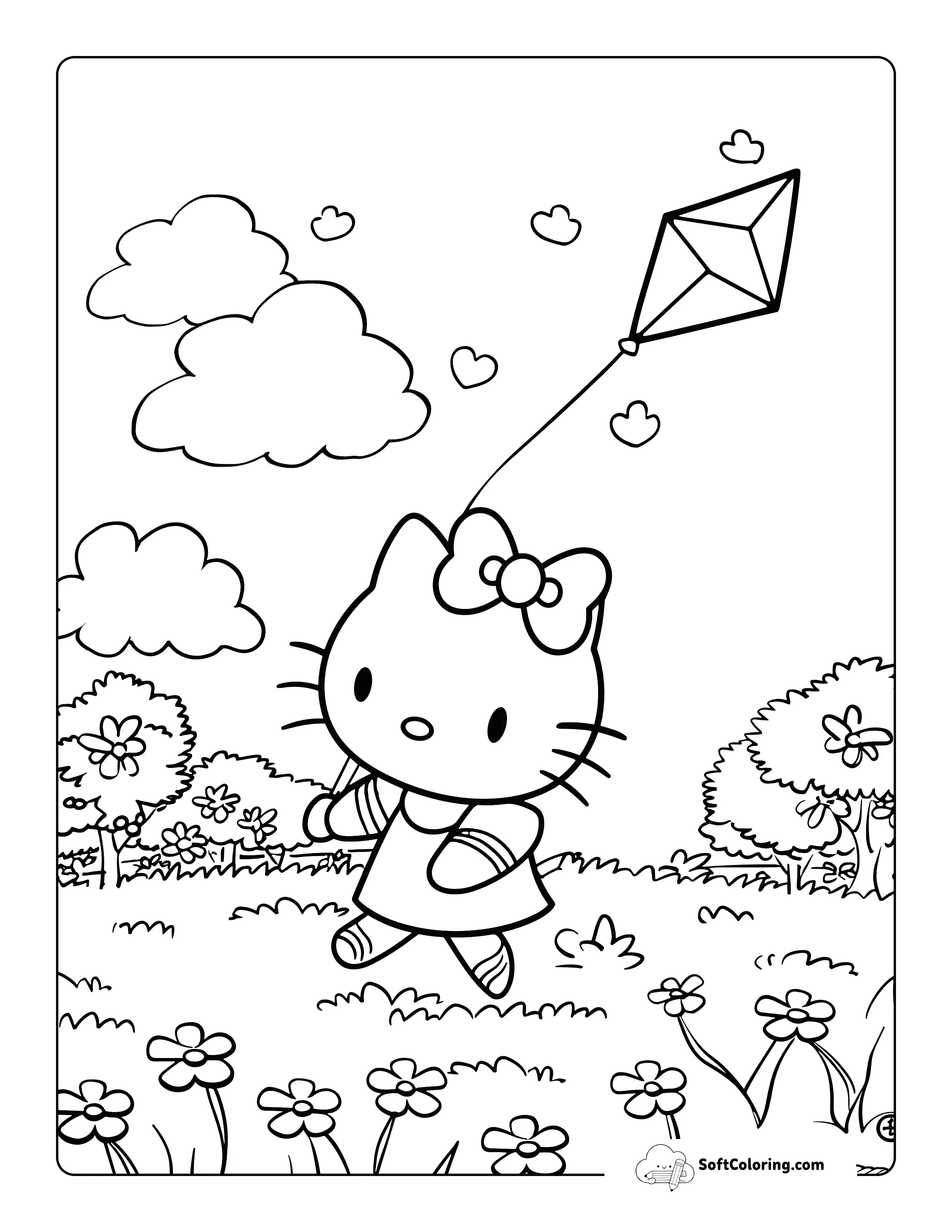 Flying A Kite Hello Kitty-Inspired Coloring Page