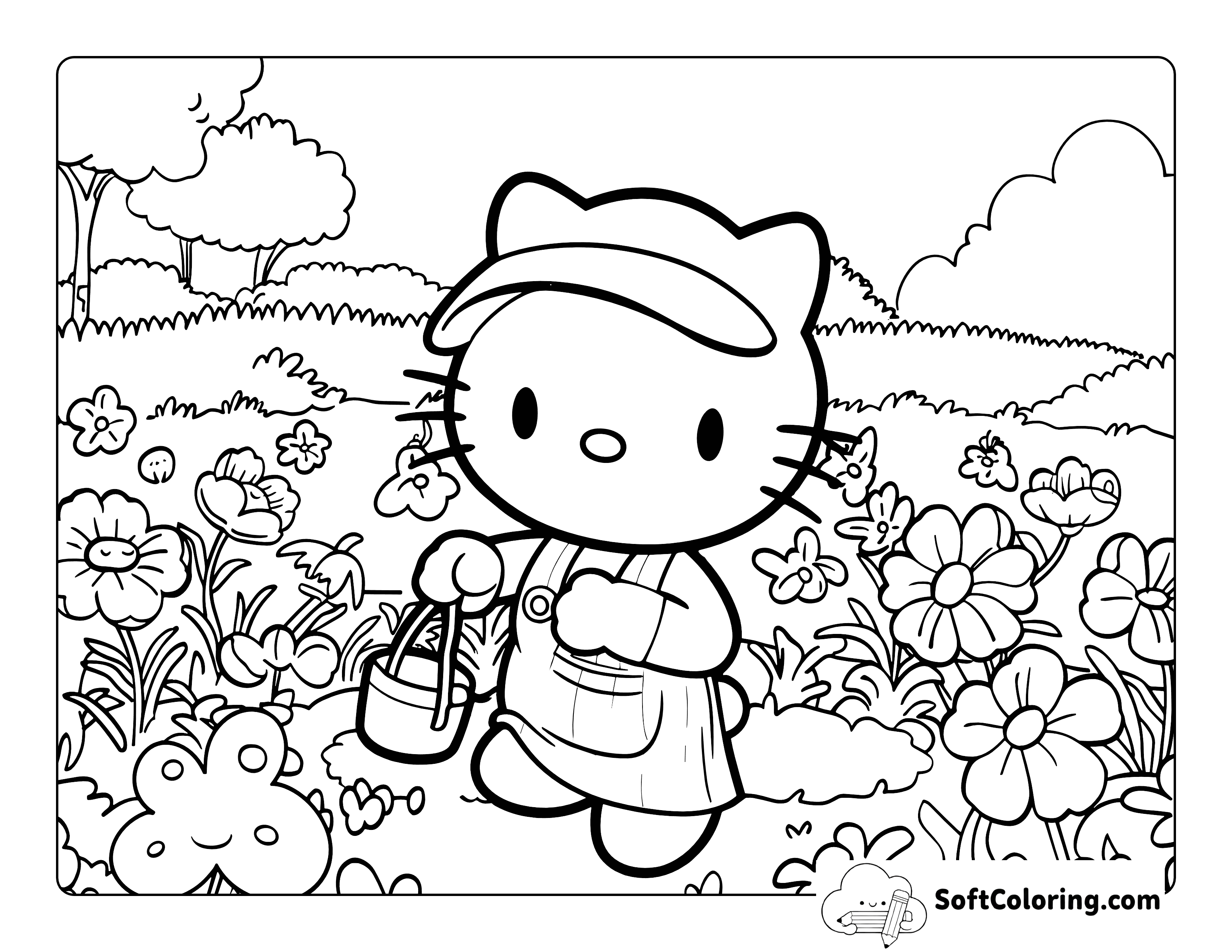 Hello Kitty Inspired Flower Garden Drawing to Color