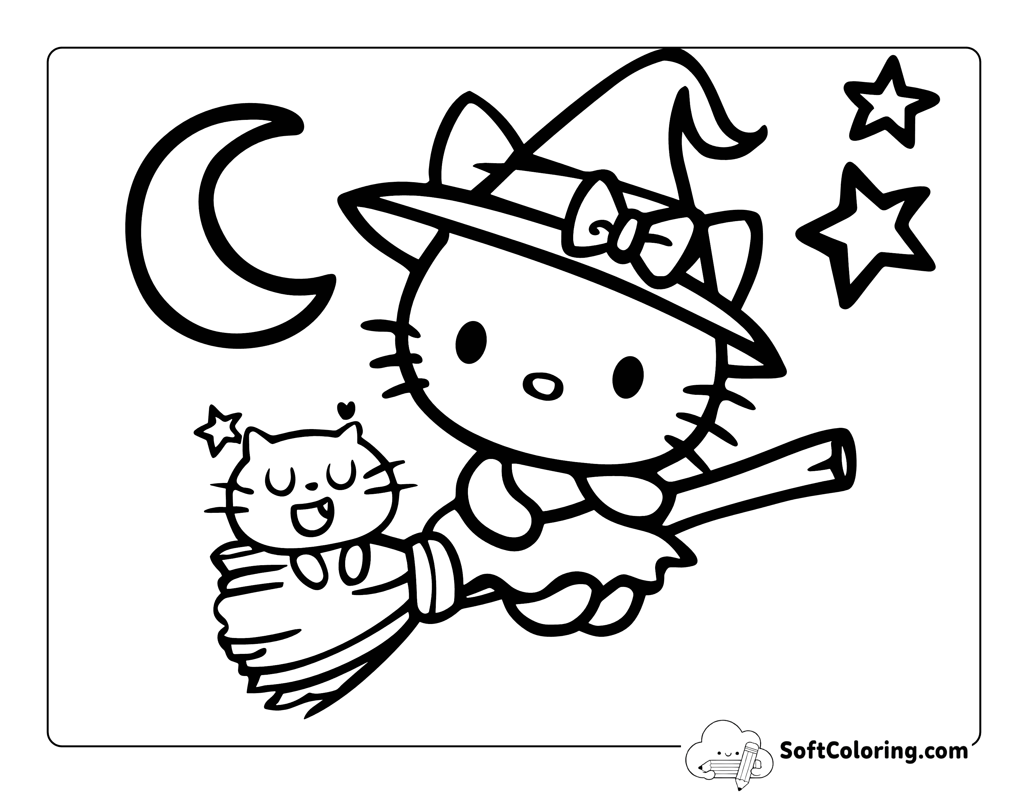 Cute Easy Kitty as a Witch Coloring Page