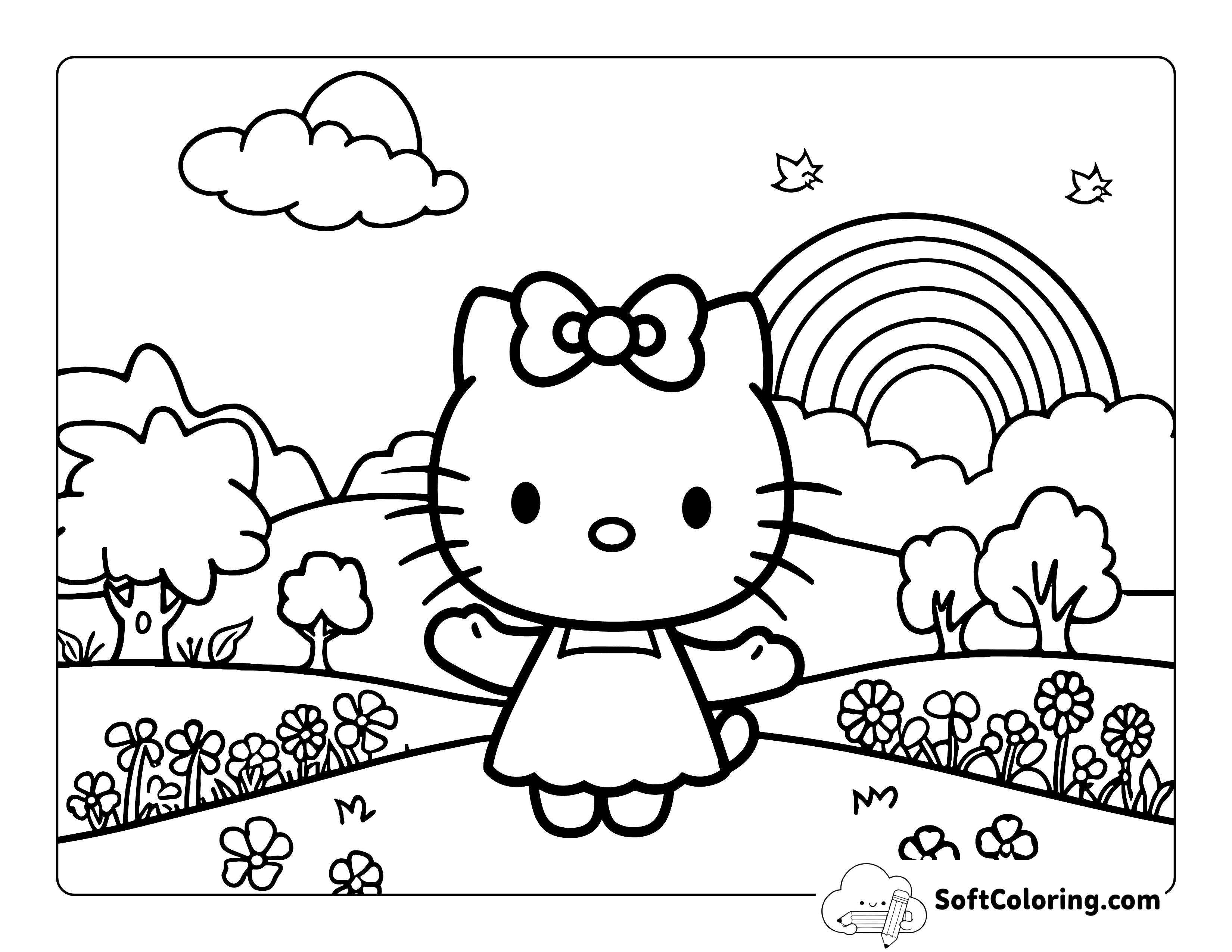 Rainbow Meadow Cute Hello Kitty-Inspired Coloring Page