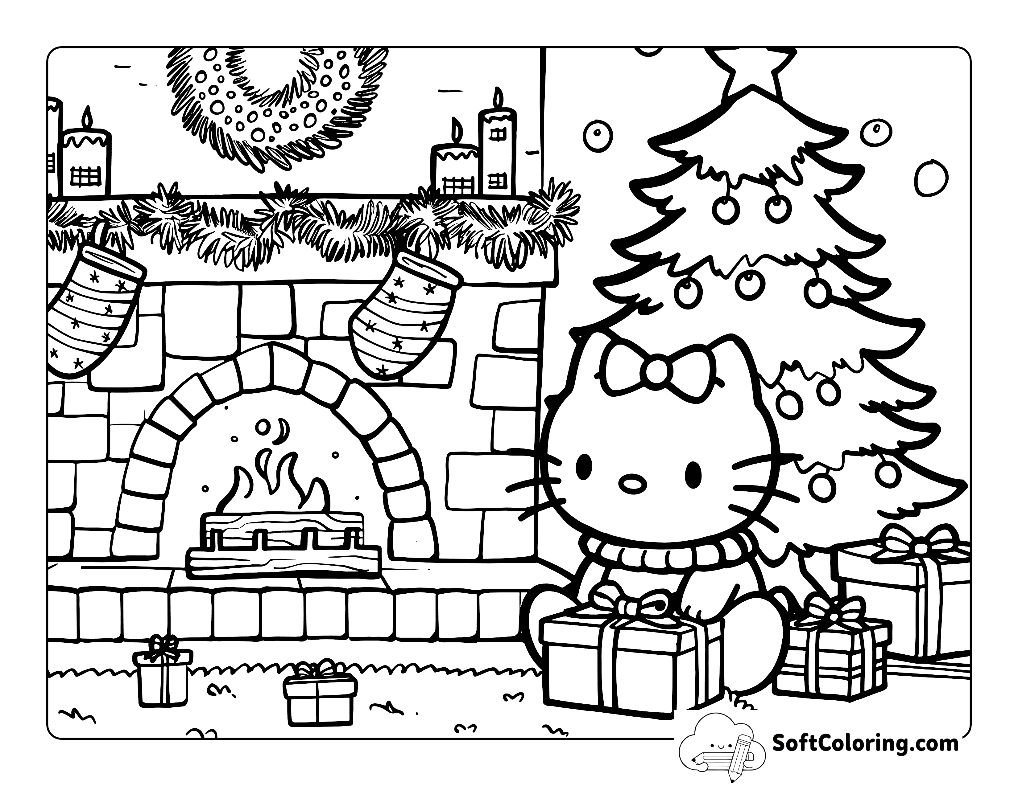 Opening Christmas Present Hello Kitty-Inspired Picture to Color