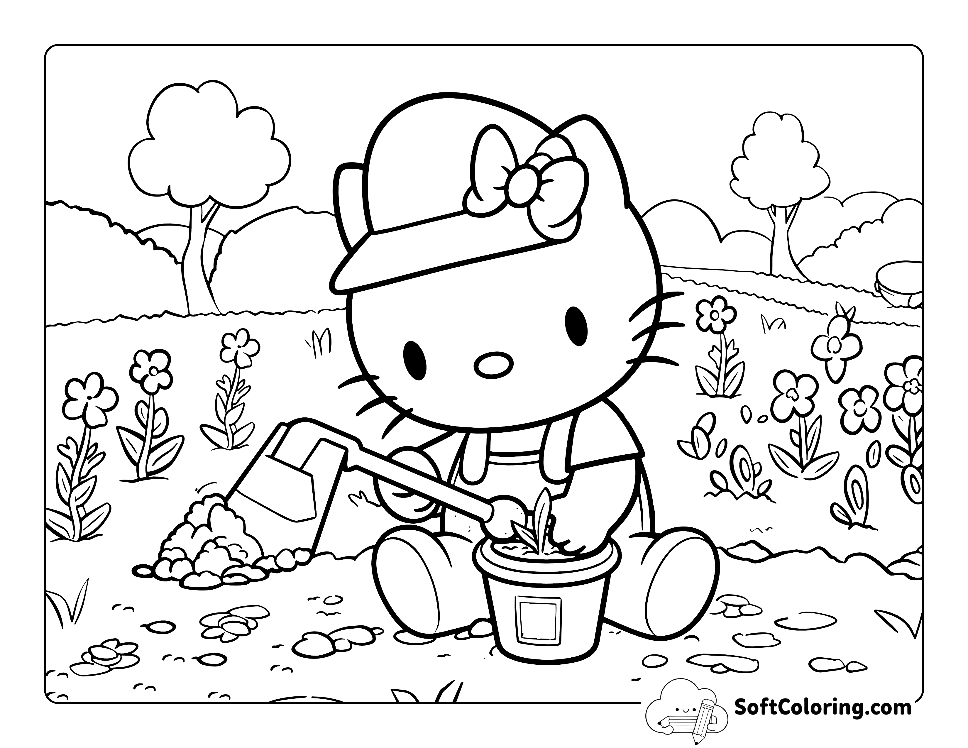 Hello Kitty-Inspired Gardening Coloring Sheet