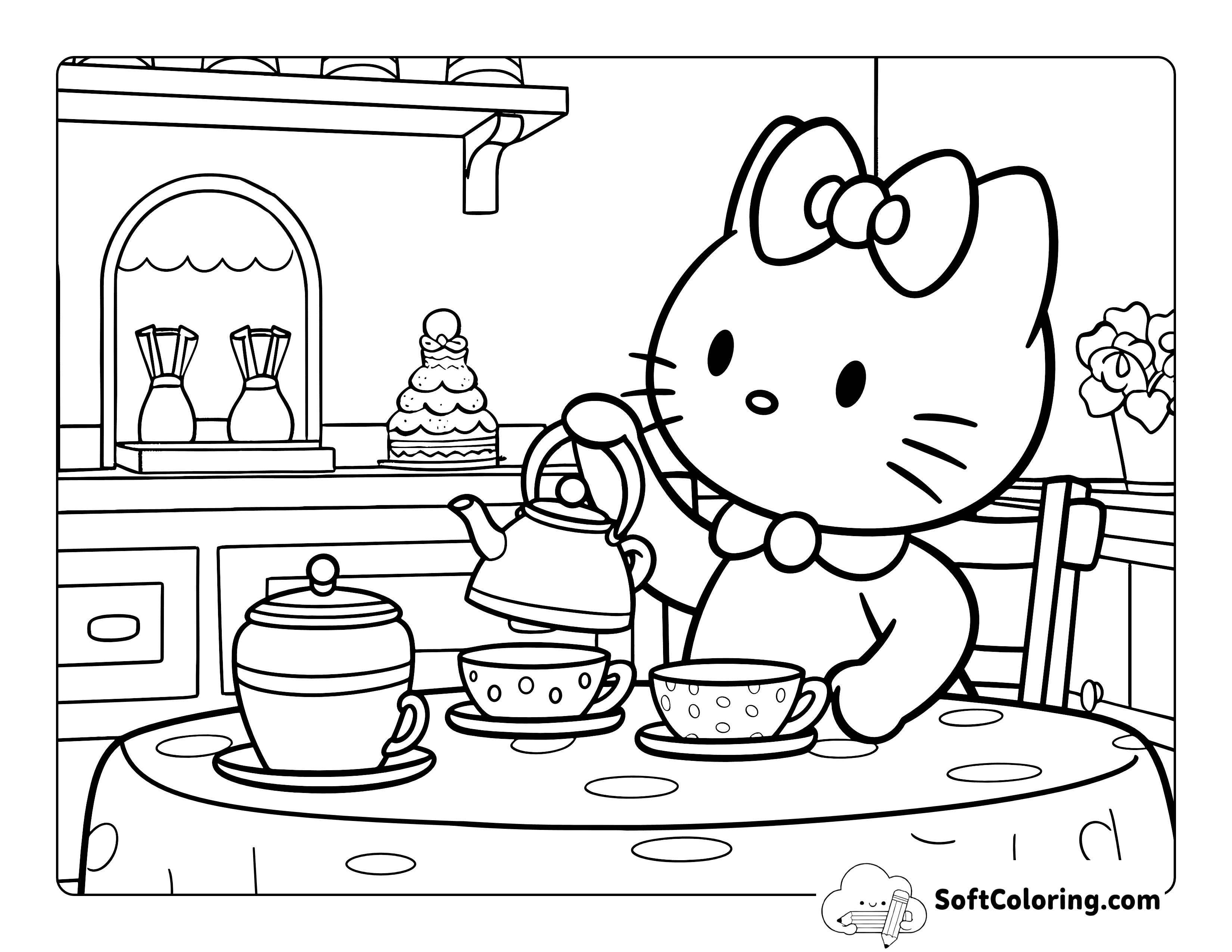 Pouring Tea Cozy Coloring Page Inspired by Hello Kitty