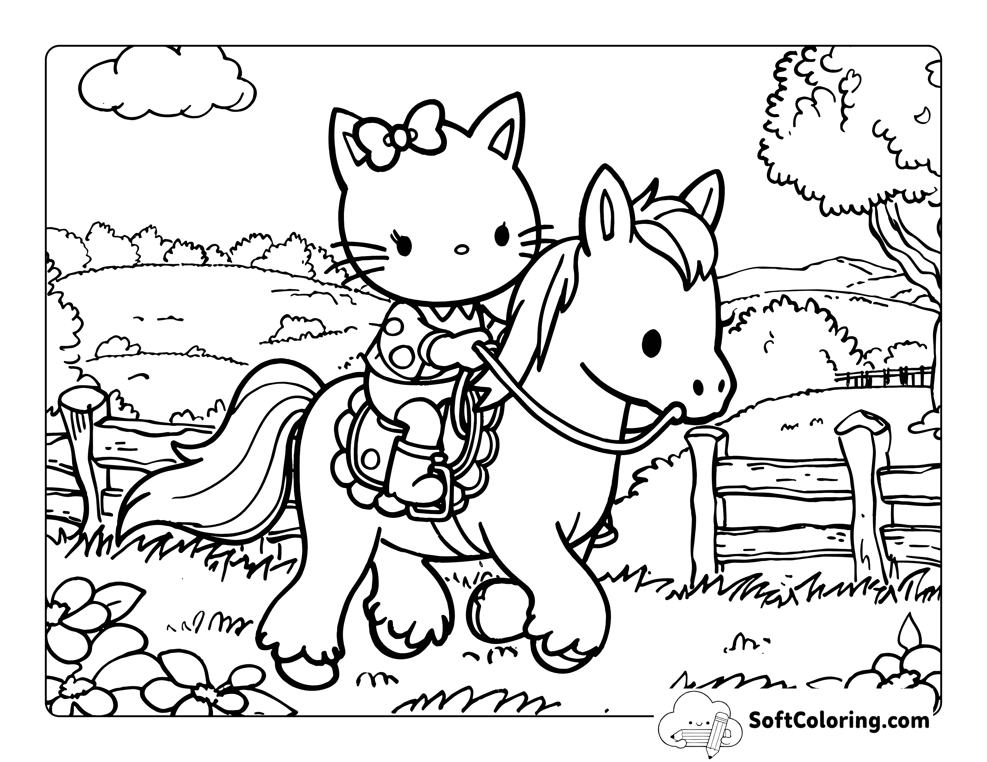 Riding a Horse Cute Hello Kitty-Inspired Coloring Sheet