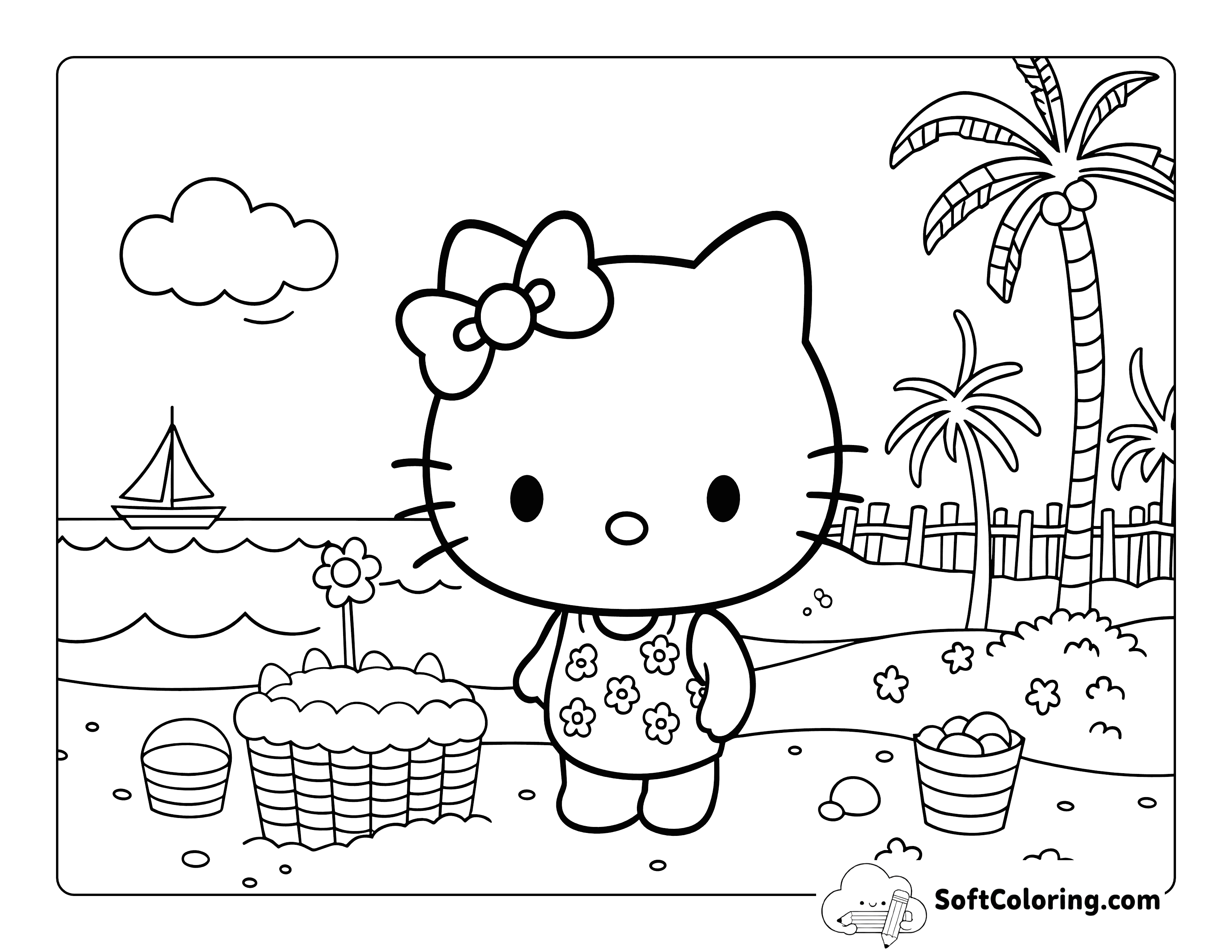 Cute Easy Kitty at the Beach Picture to Color