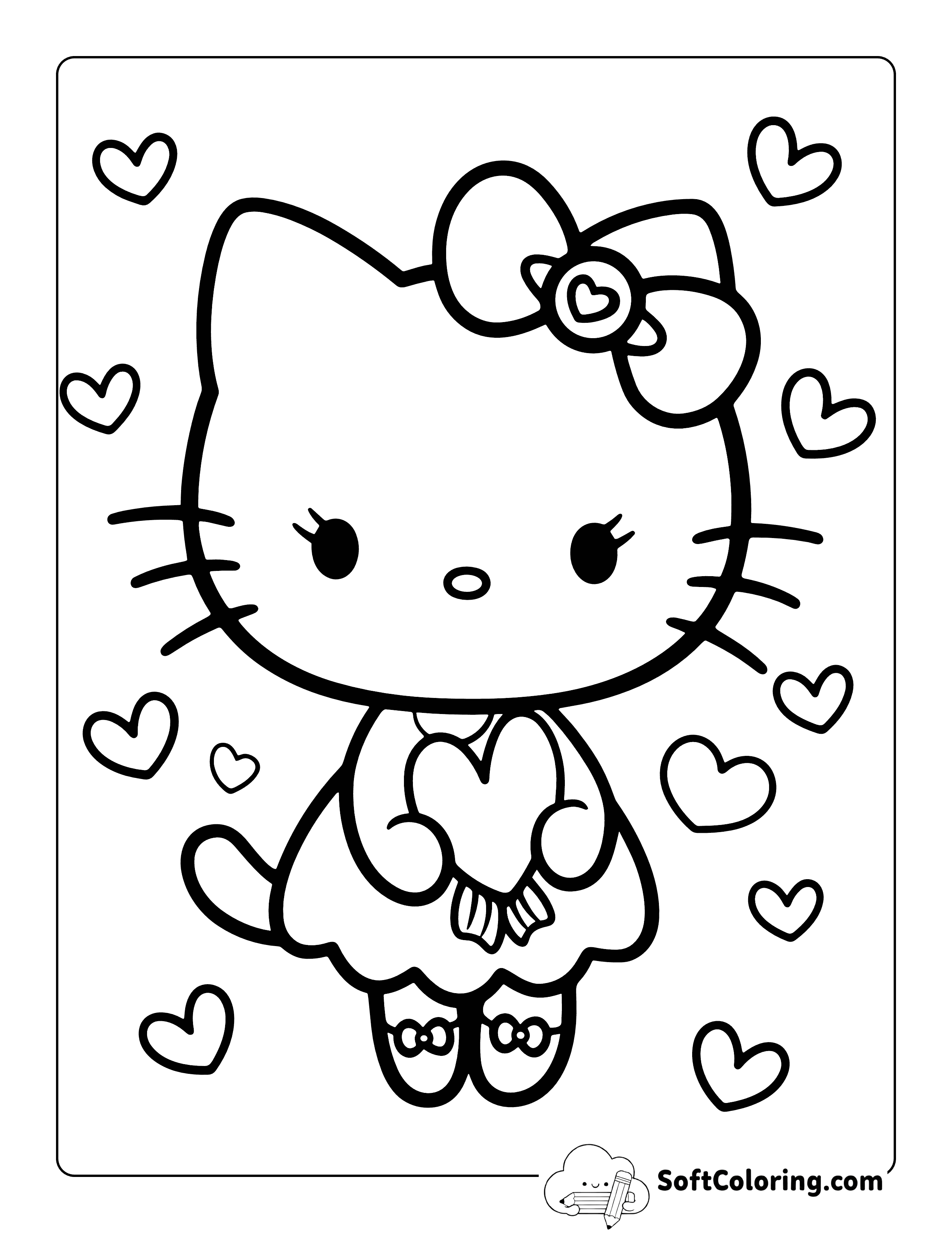 Hello Kitty-inspired Coloring Page with Hearts