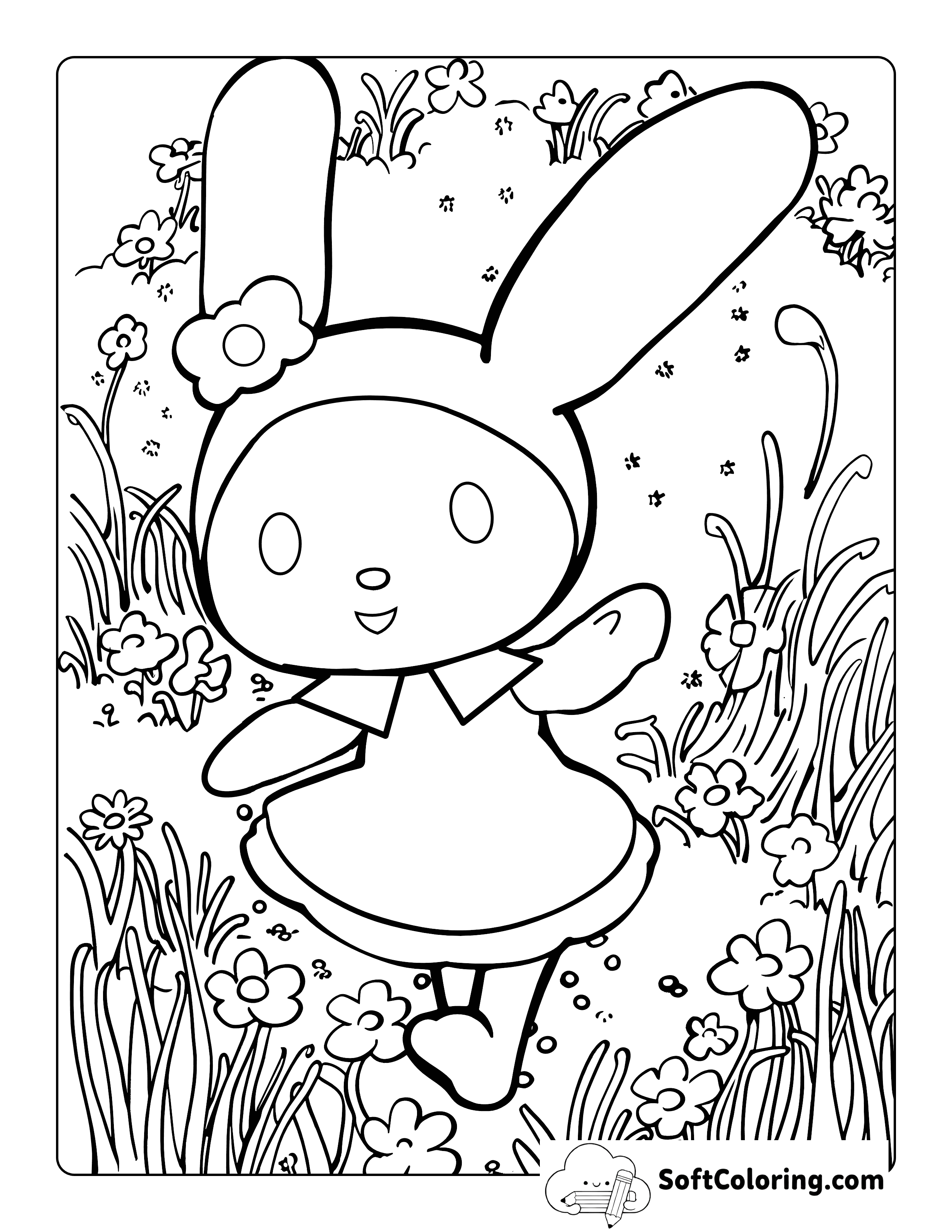 Running Through Flowers My Melody-Inspired Coloring Sheet
