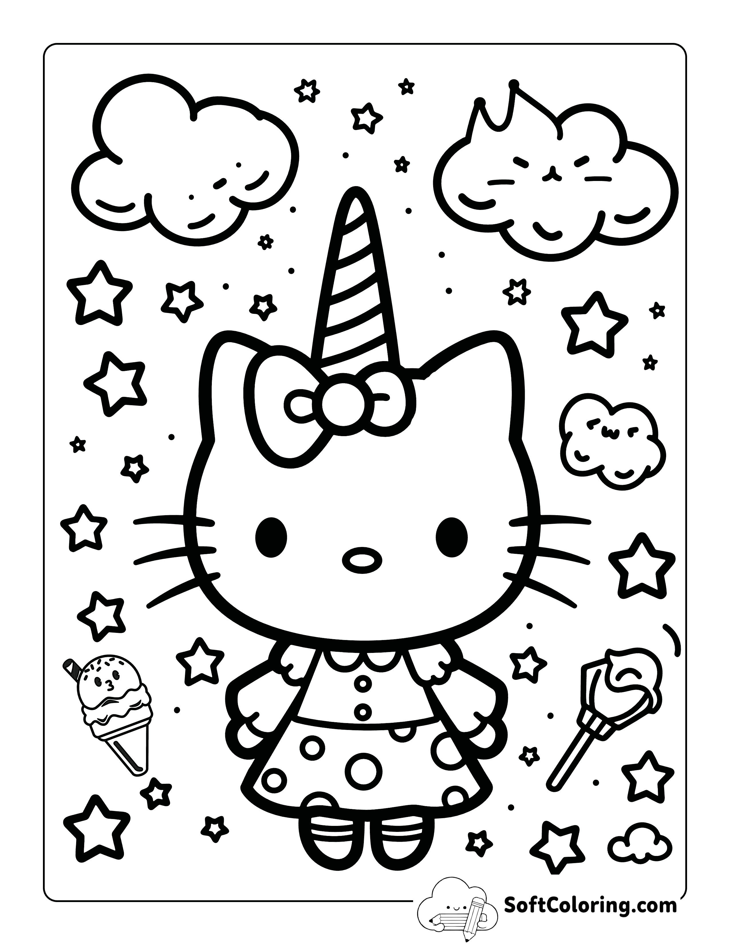 Unicorn Hello Kitty-Inspired Coloring Page