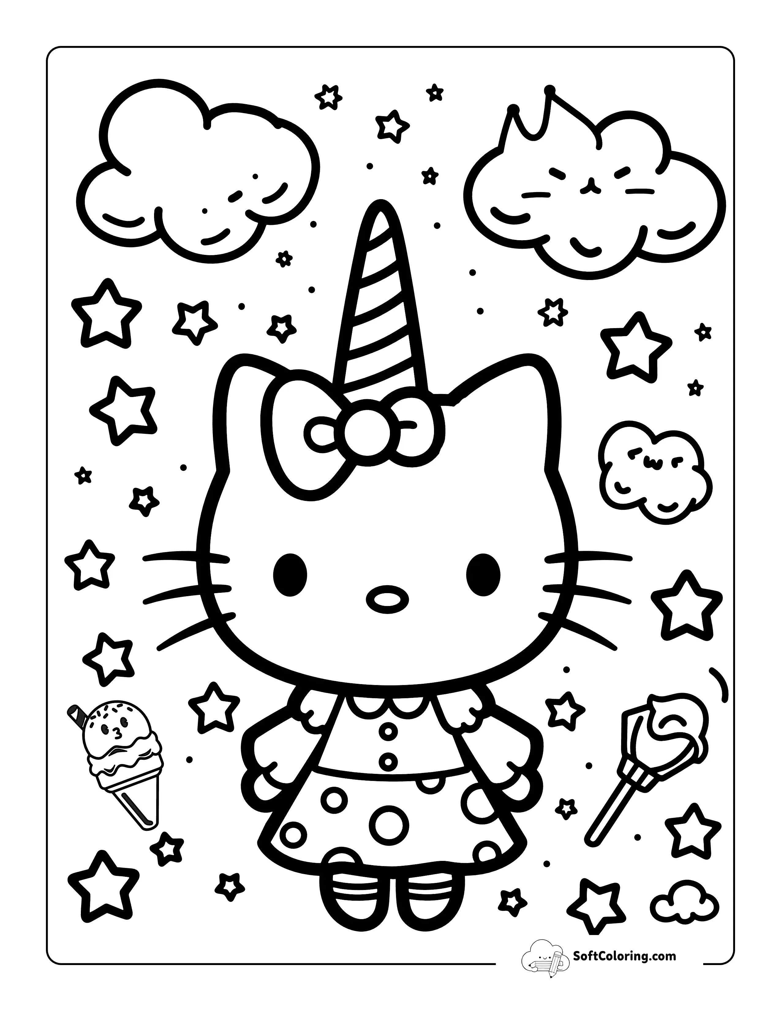 Unicorn Hello Kitty-Inspired Coloring Page