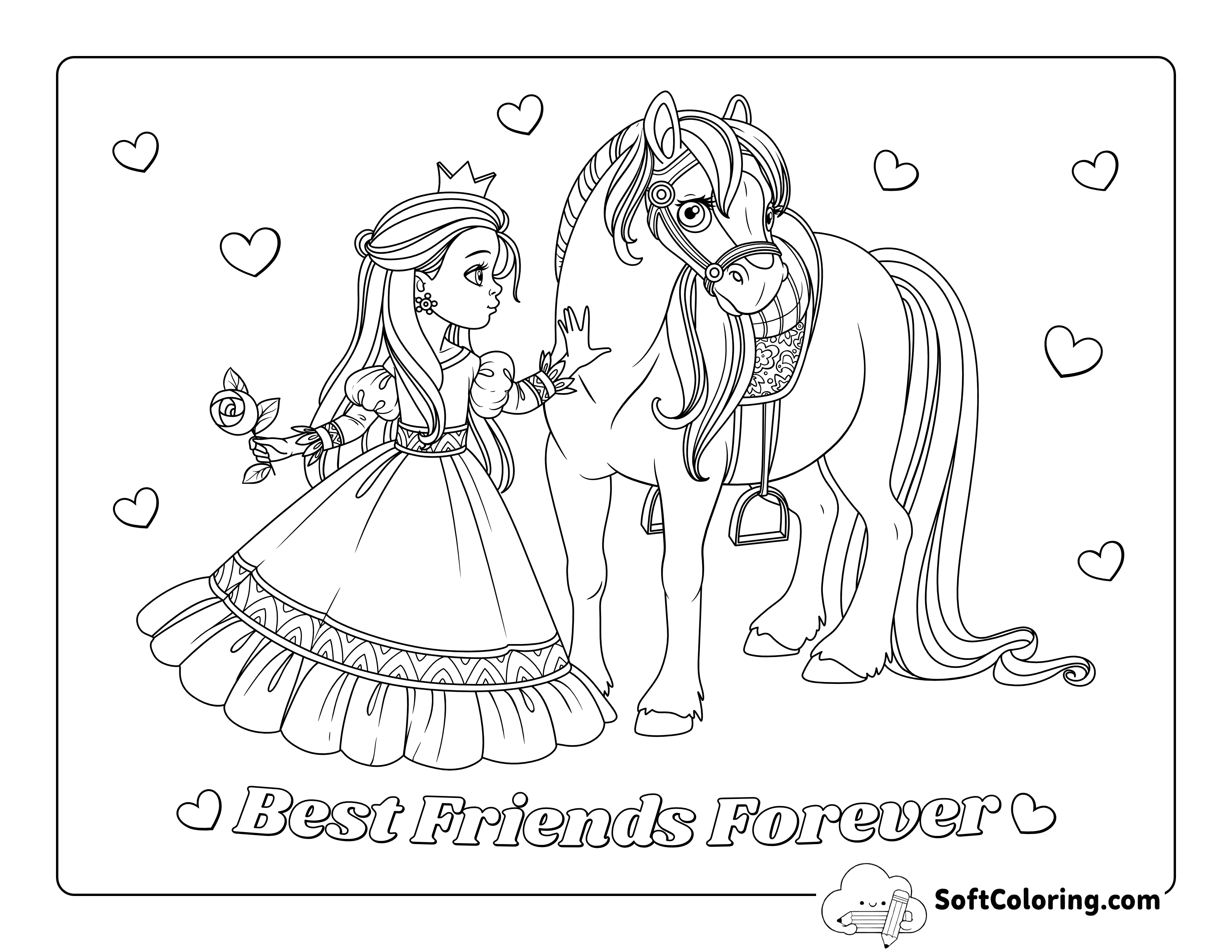 Beautiful Princess with Horse Coloring Sheet