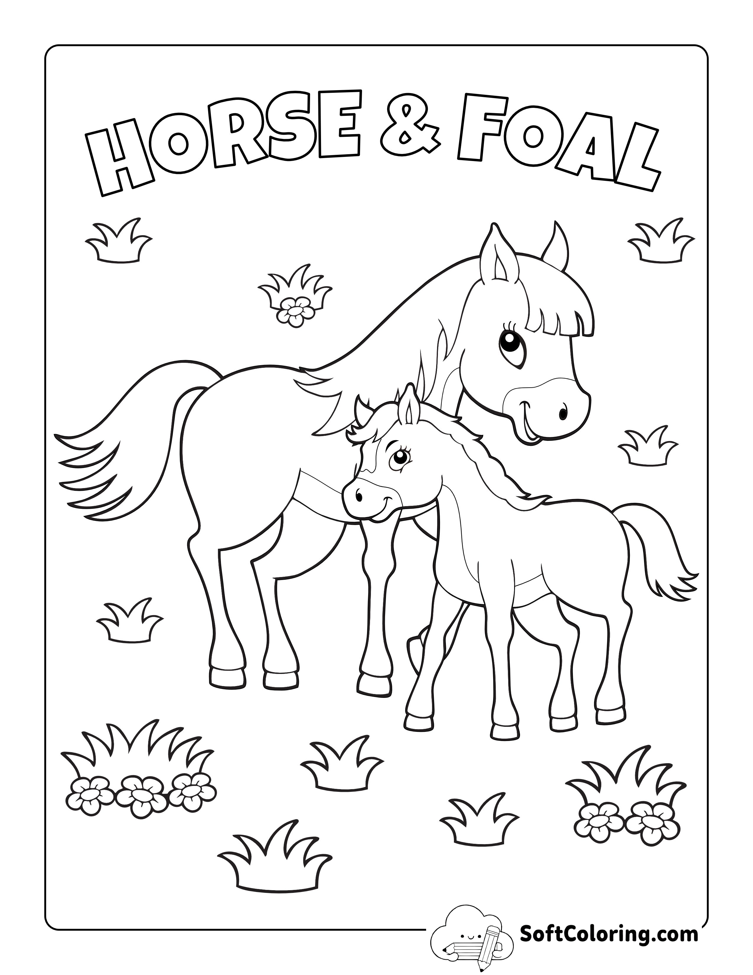 Mother with Baby Foal Coloring Page for Kids