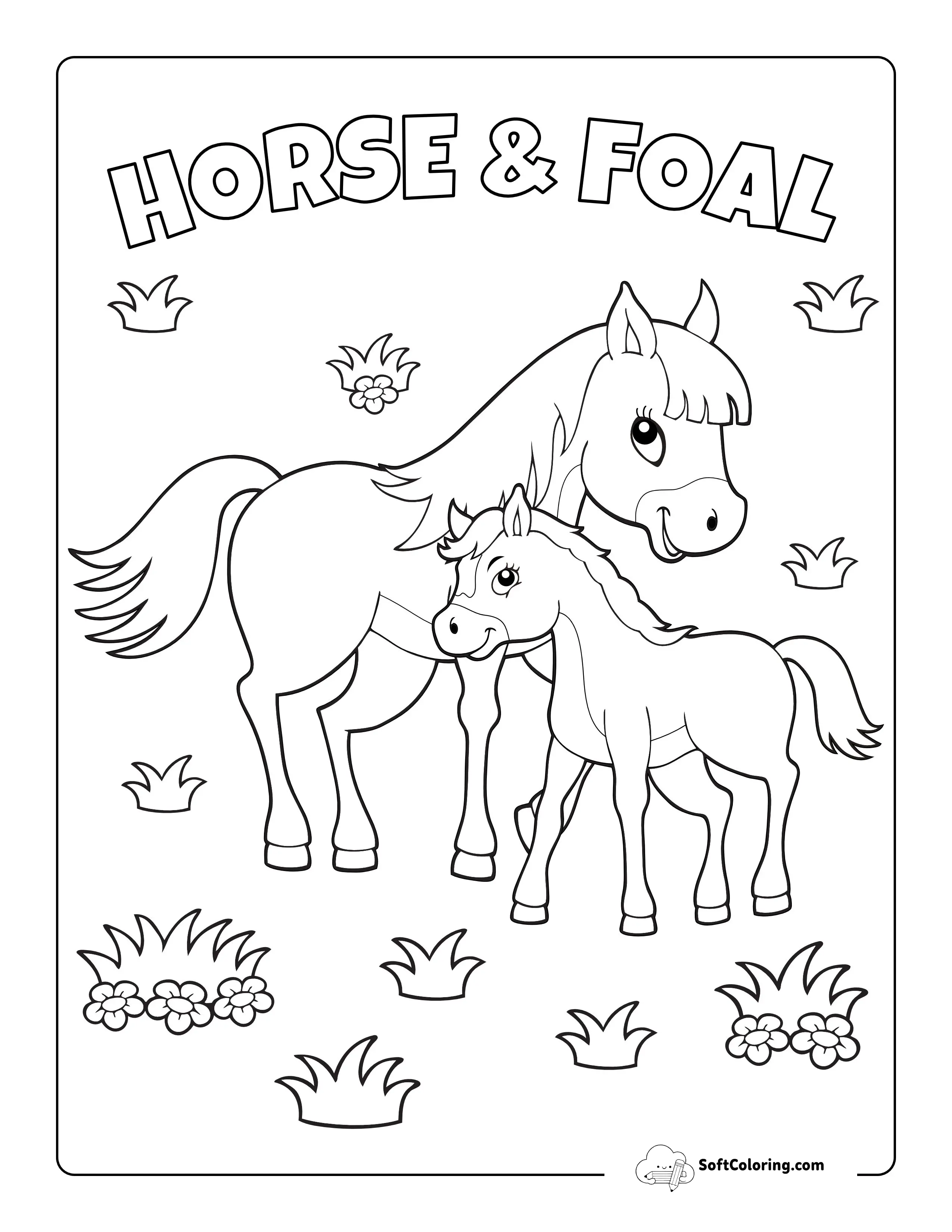 Mother With Baby Foal Coloring Page For Kids