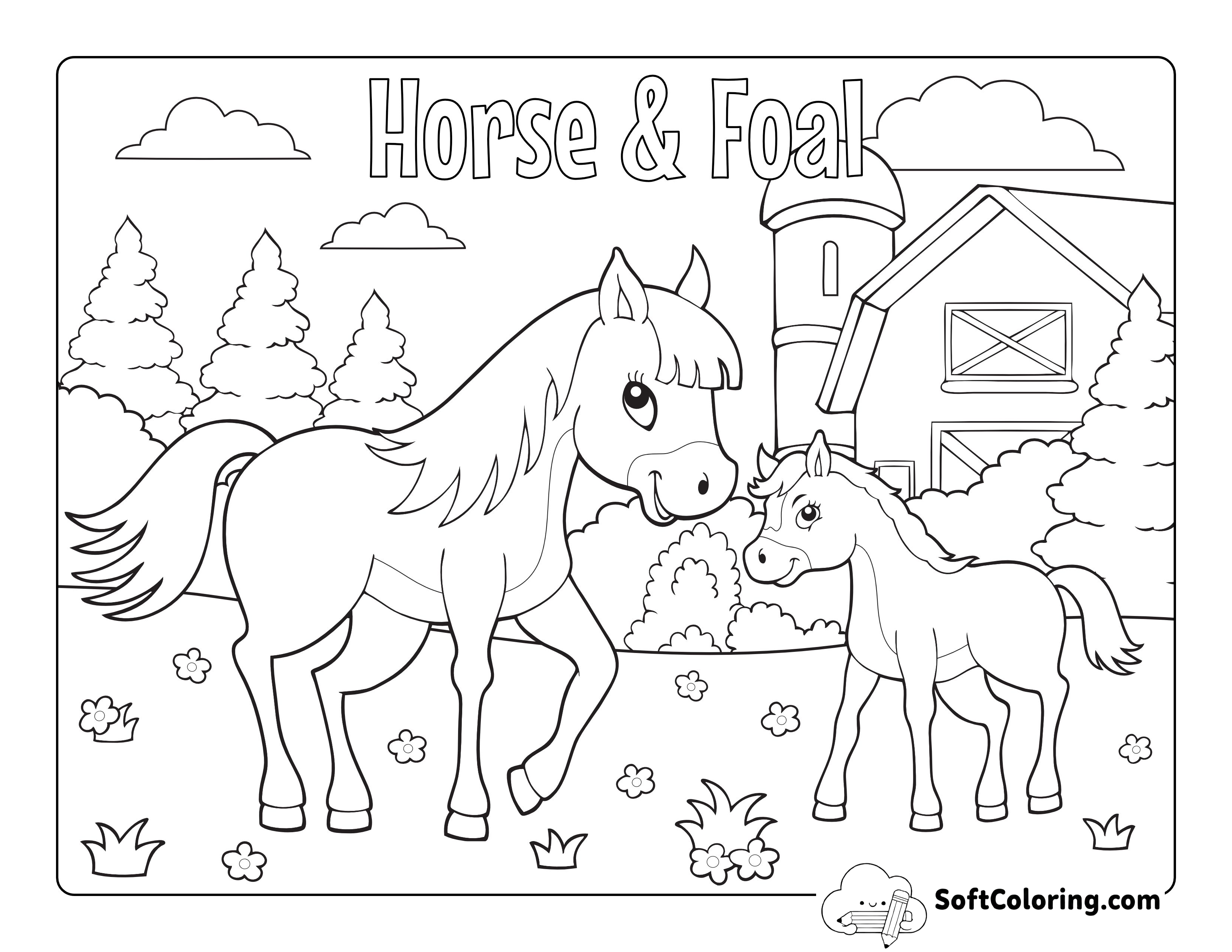 Cute Horse Coloring Page with Baby Foal