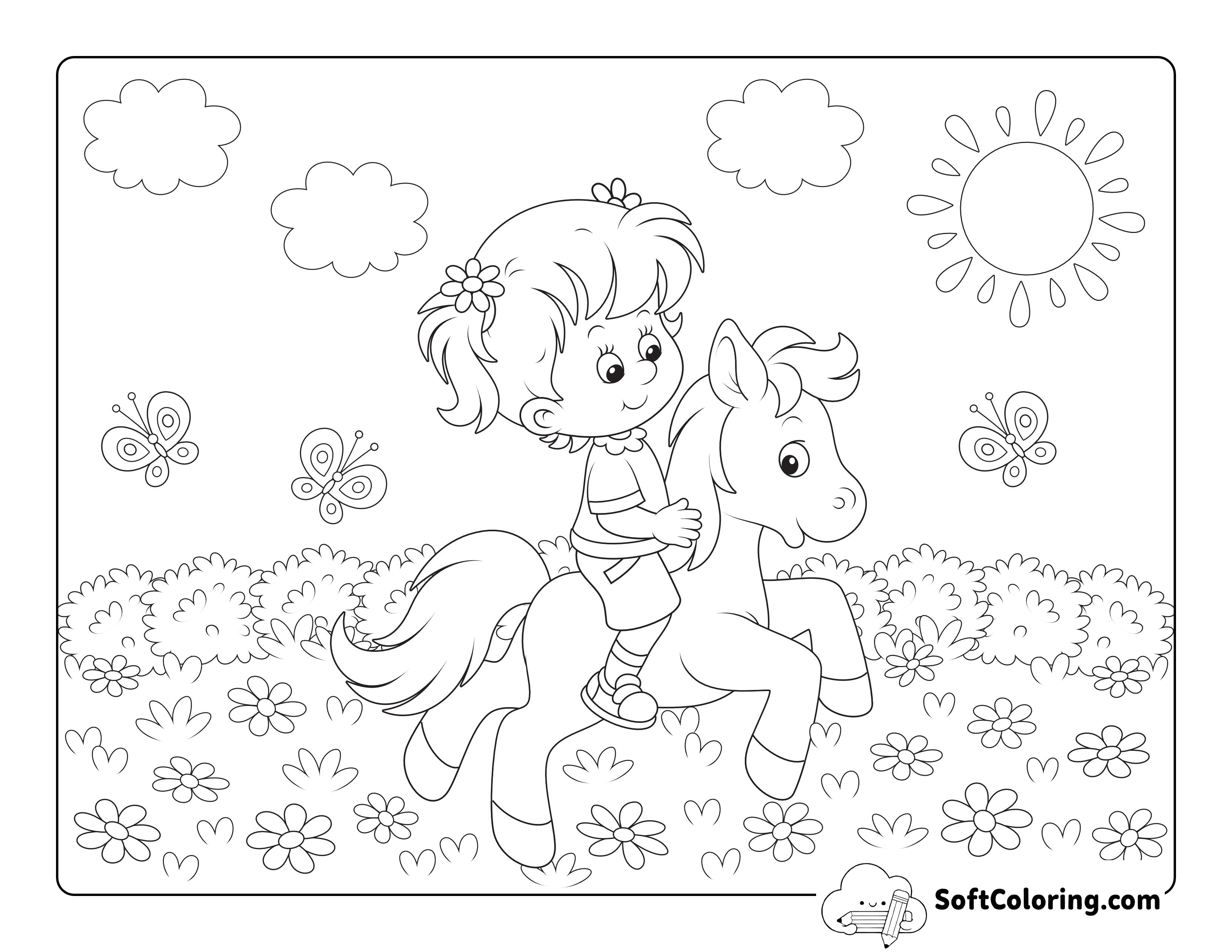 Cute Girl Riding Pony Picture to Color