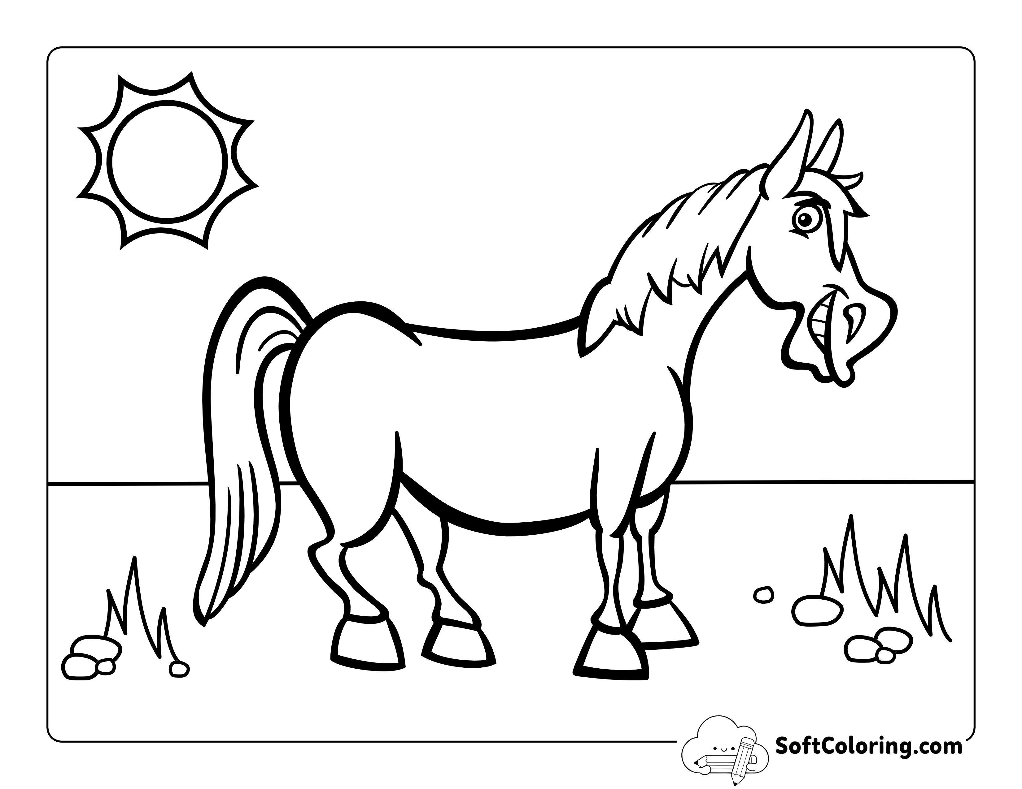 Smiling Pony Cartoon Coloring Page for Kids