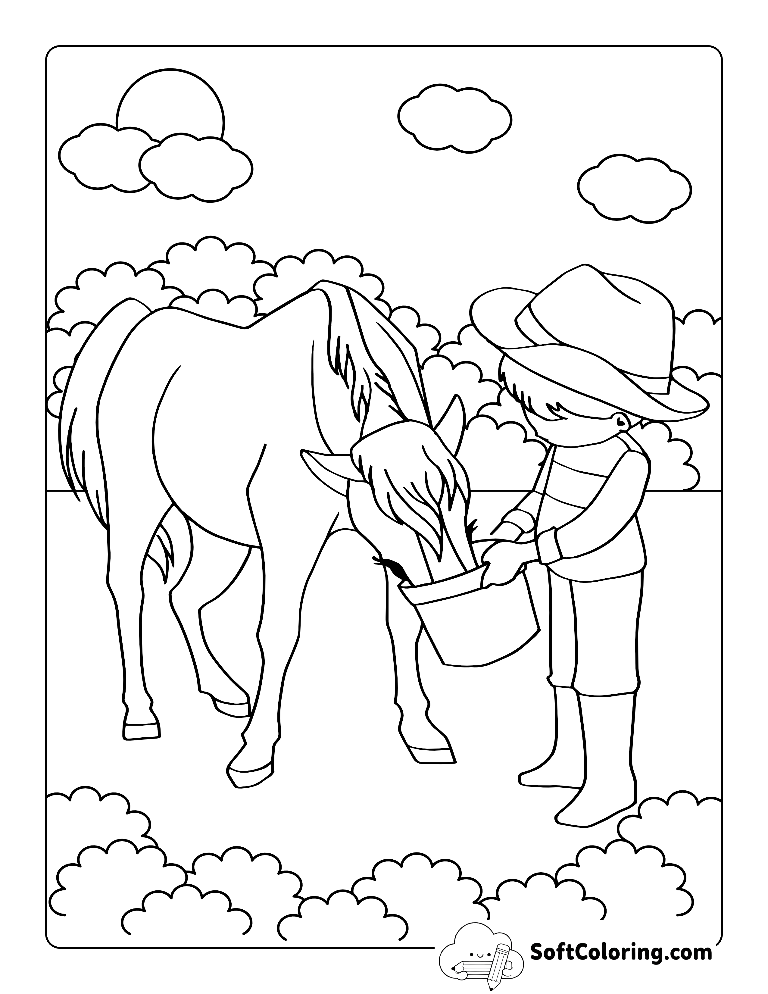 Child Feeding Pony Printable to Color