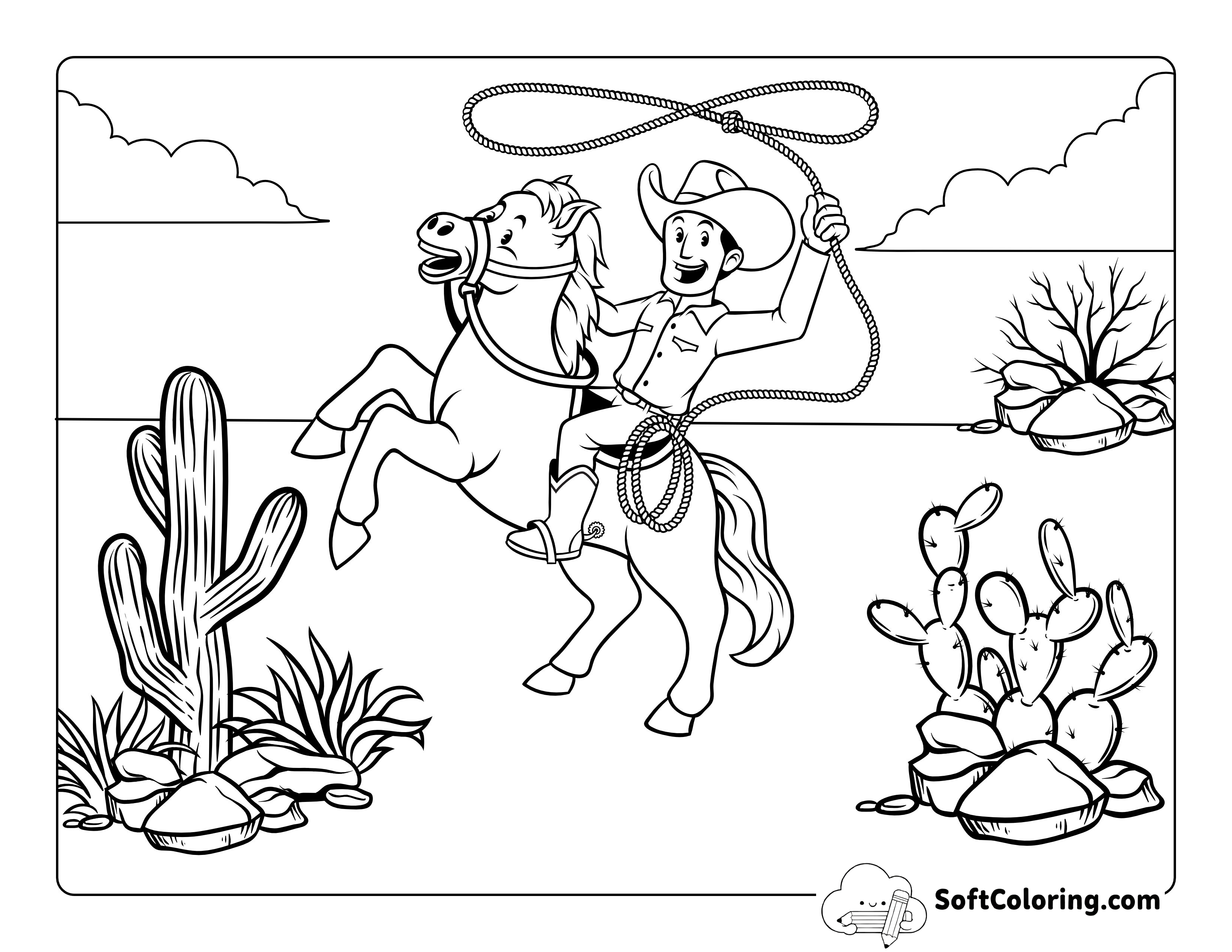 Cowboy Riding Horse with Lasso Picture to Color