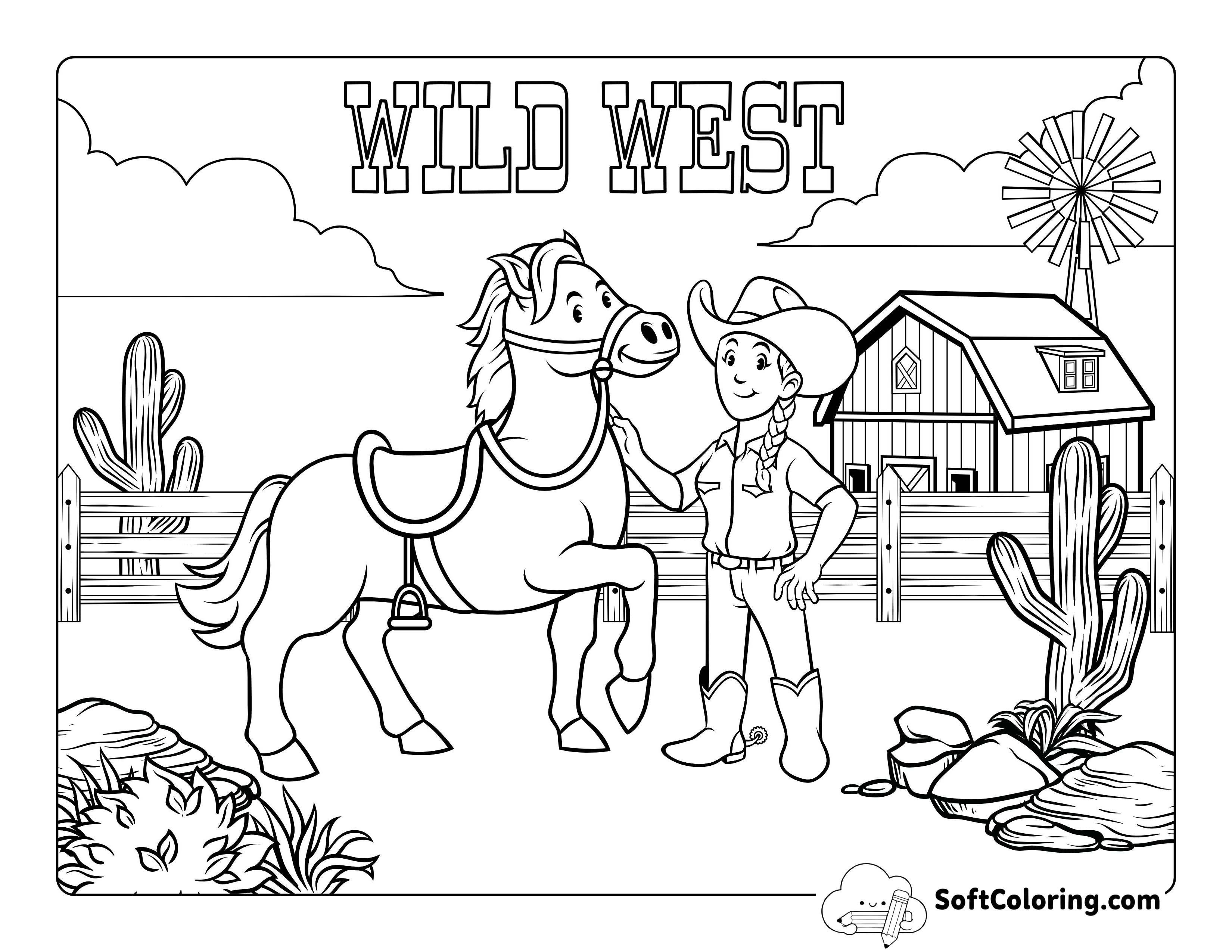 Cowgirl with Horse Free Printable Coloring Page
