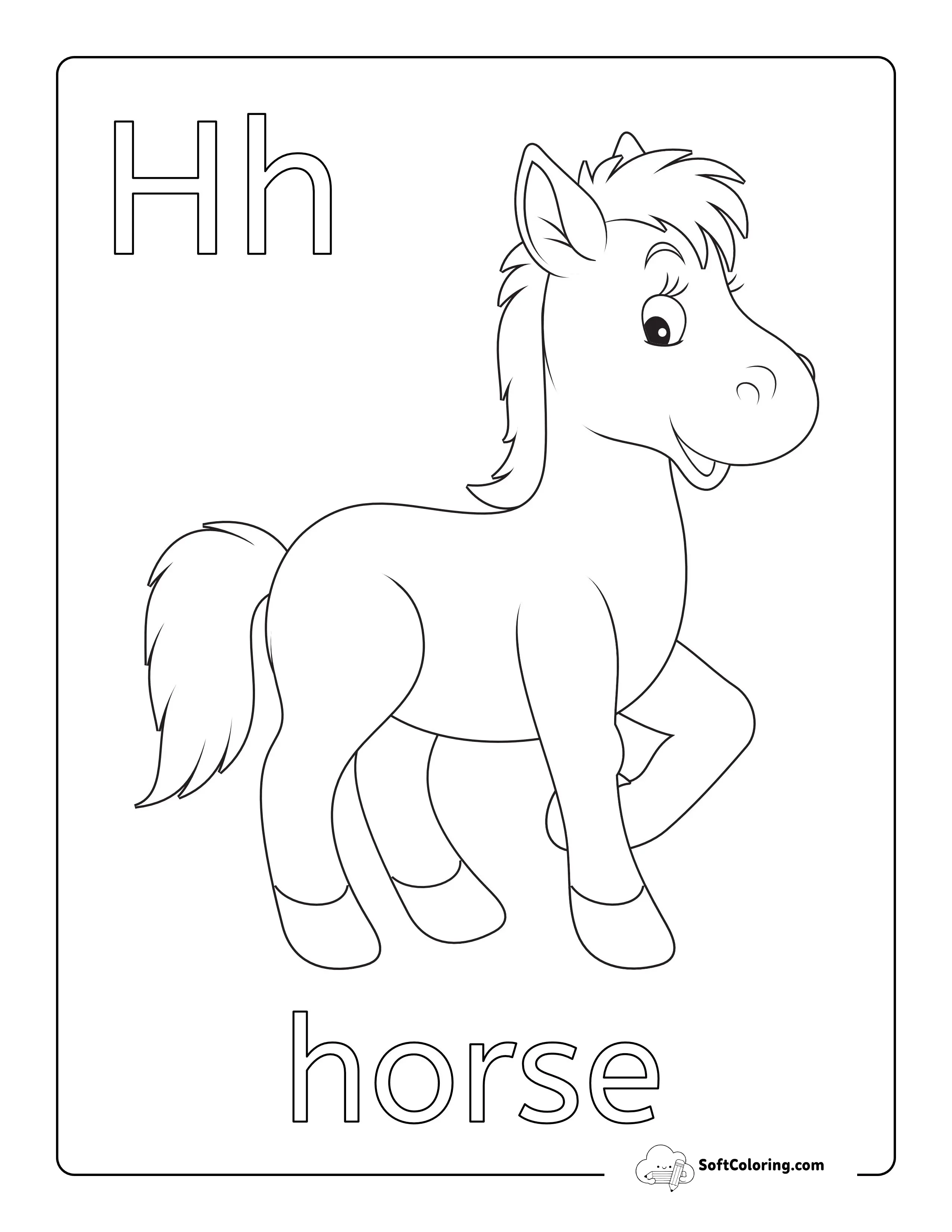 "H Is For Horse" Easy Coloring Sheet For Kids