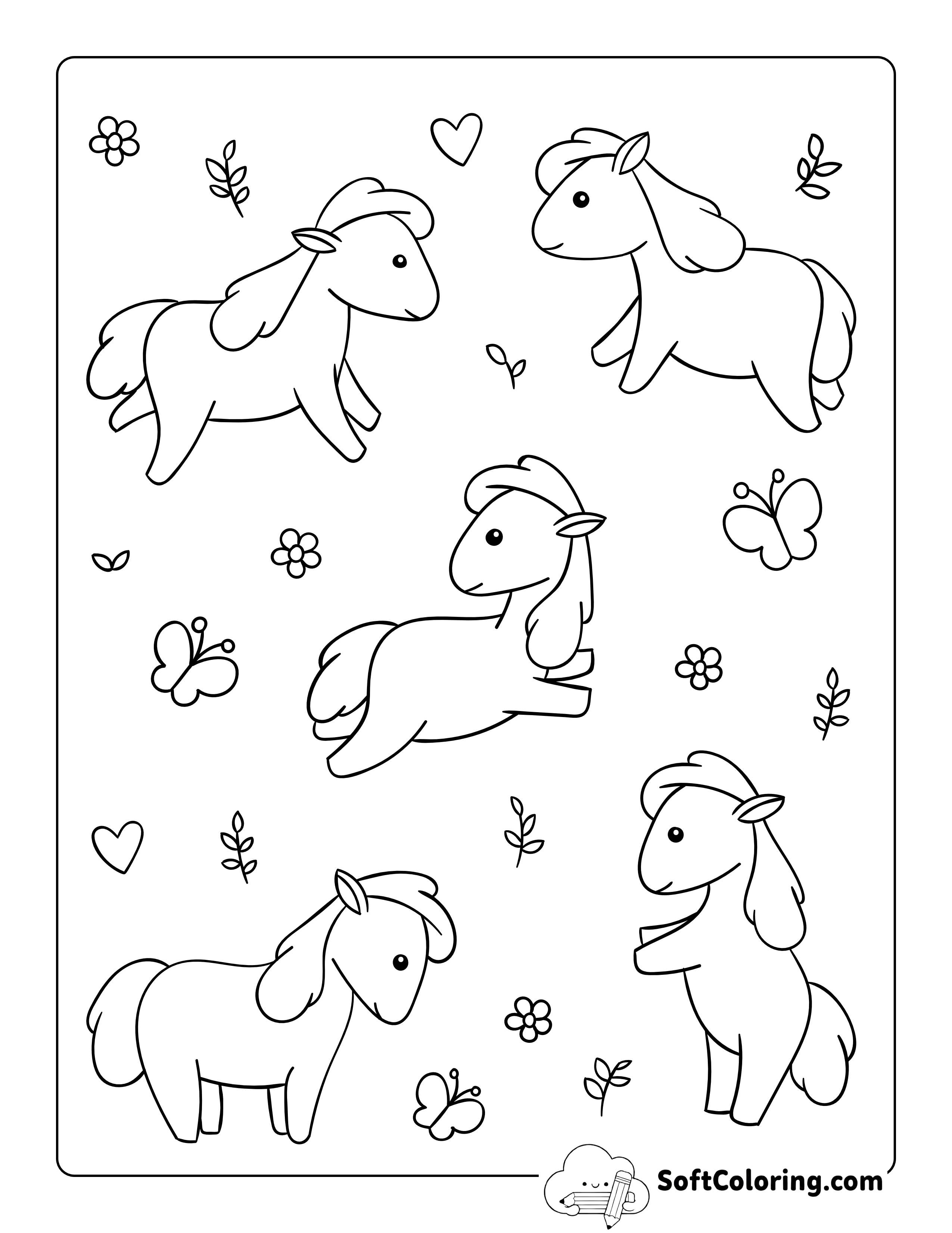 Cute Kawaii Mini Horses Coloring Page