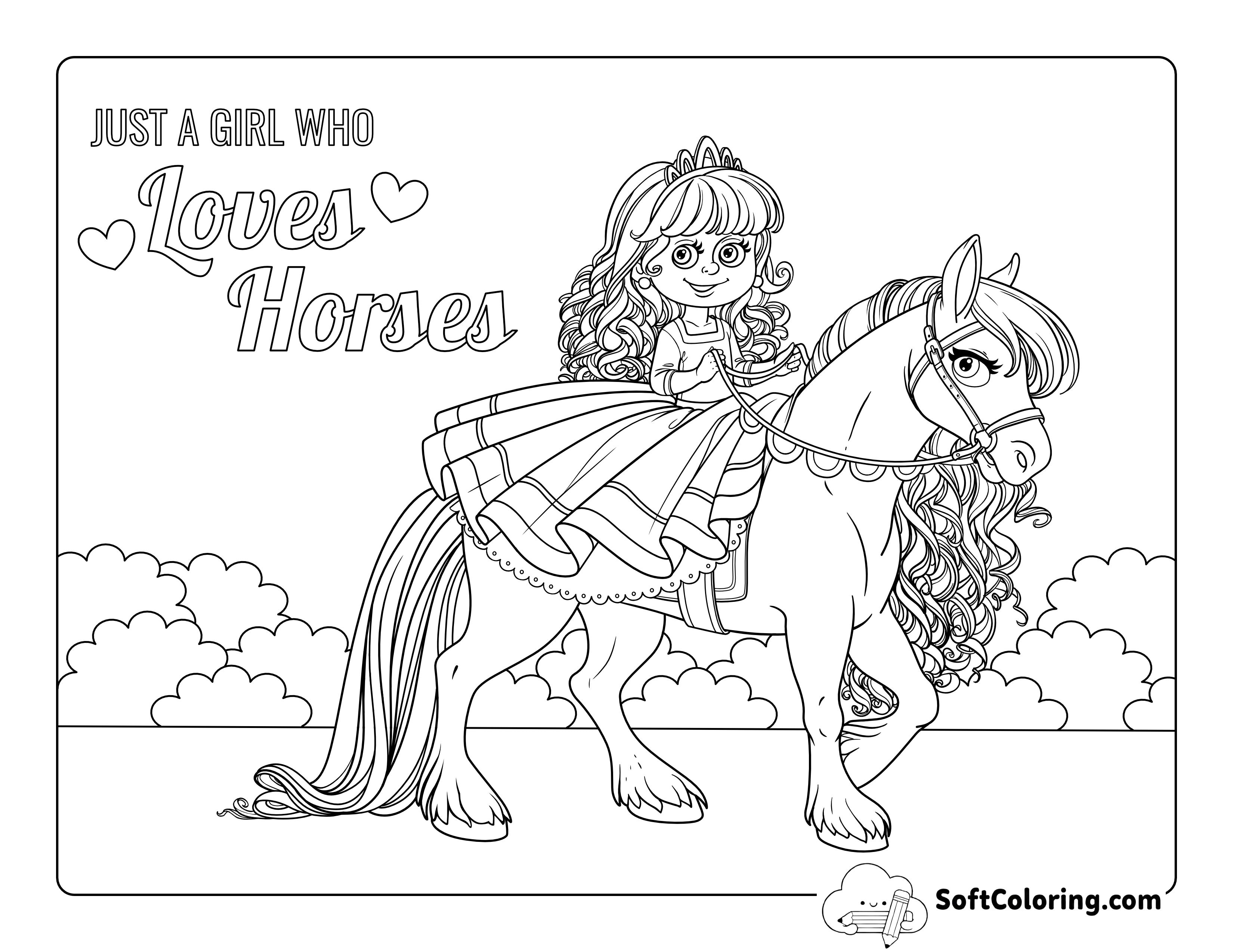 Princess Riding Horse Coloring Page for Girls