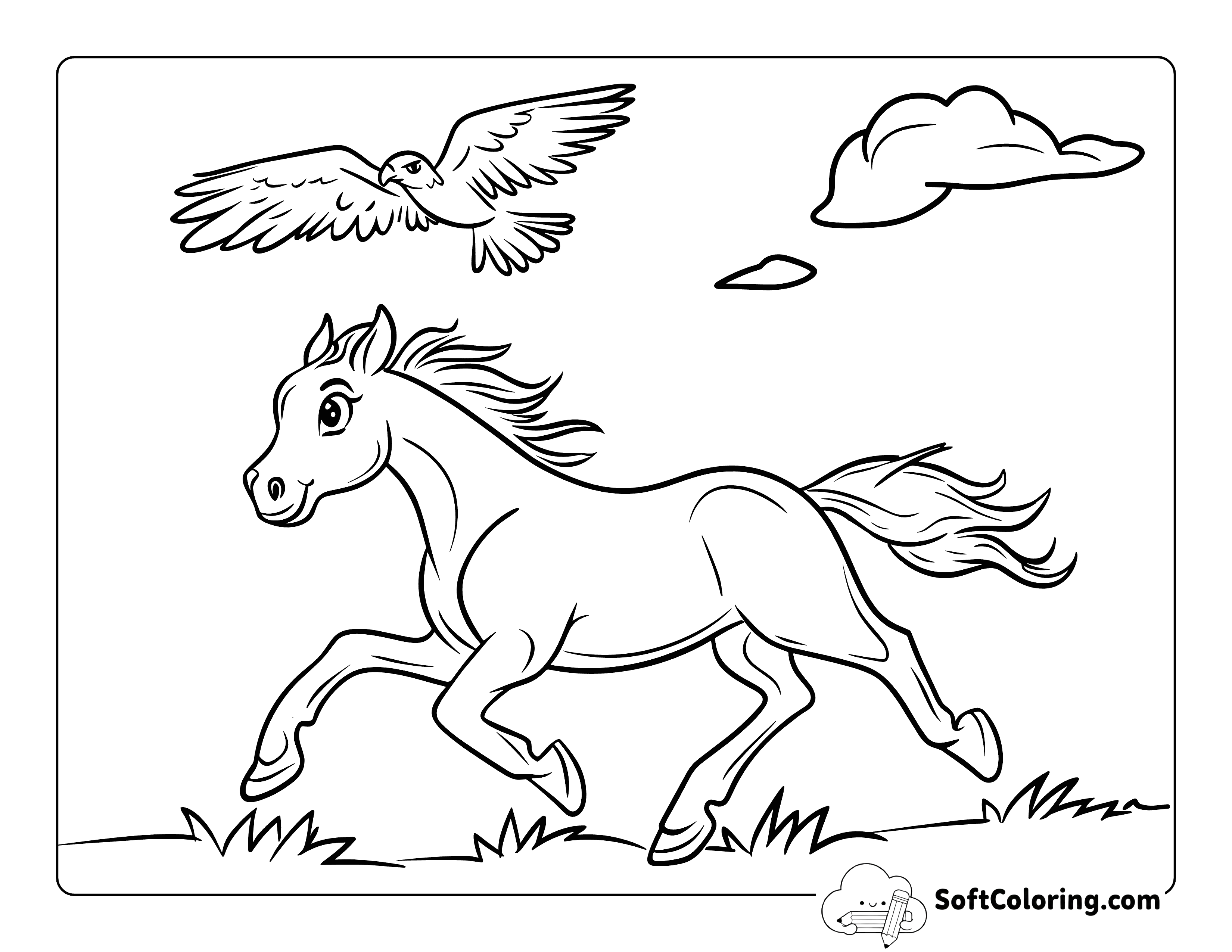 Cute Wild Horse and Golden Eagle Coloring Page