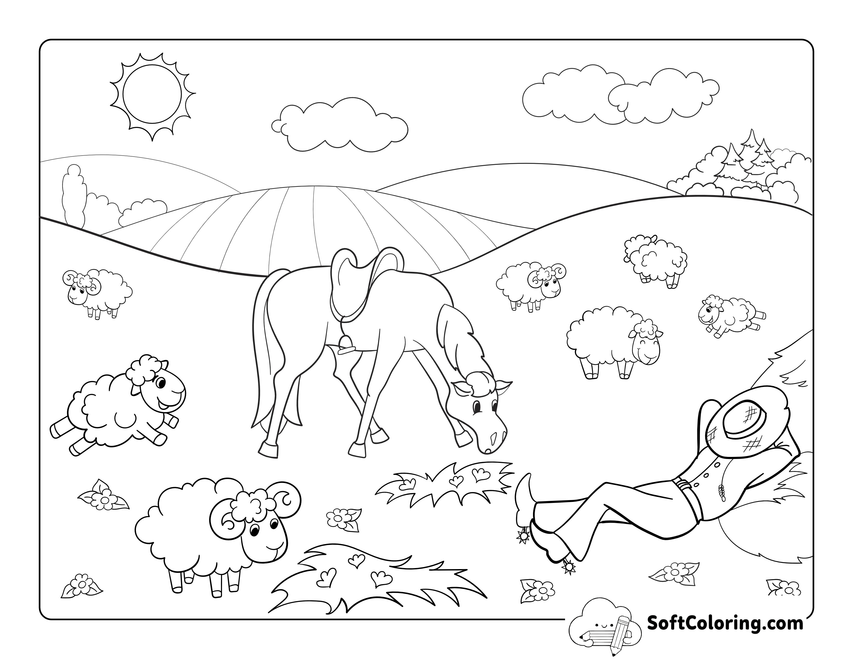 Farm Scene with Grazing Horse to Color