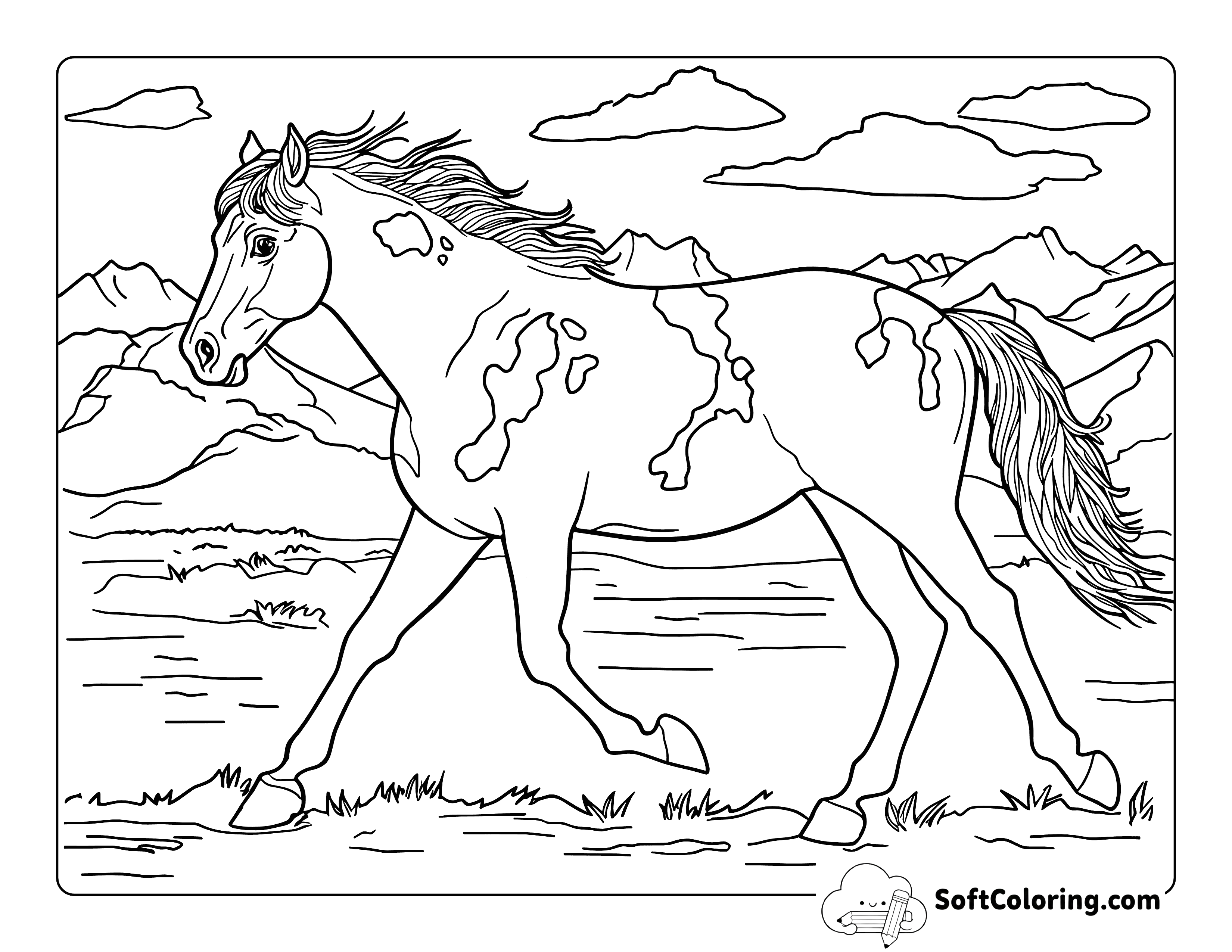 Realistic Wild Paint Horse Coloring Page