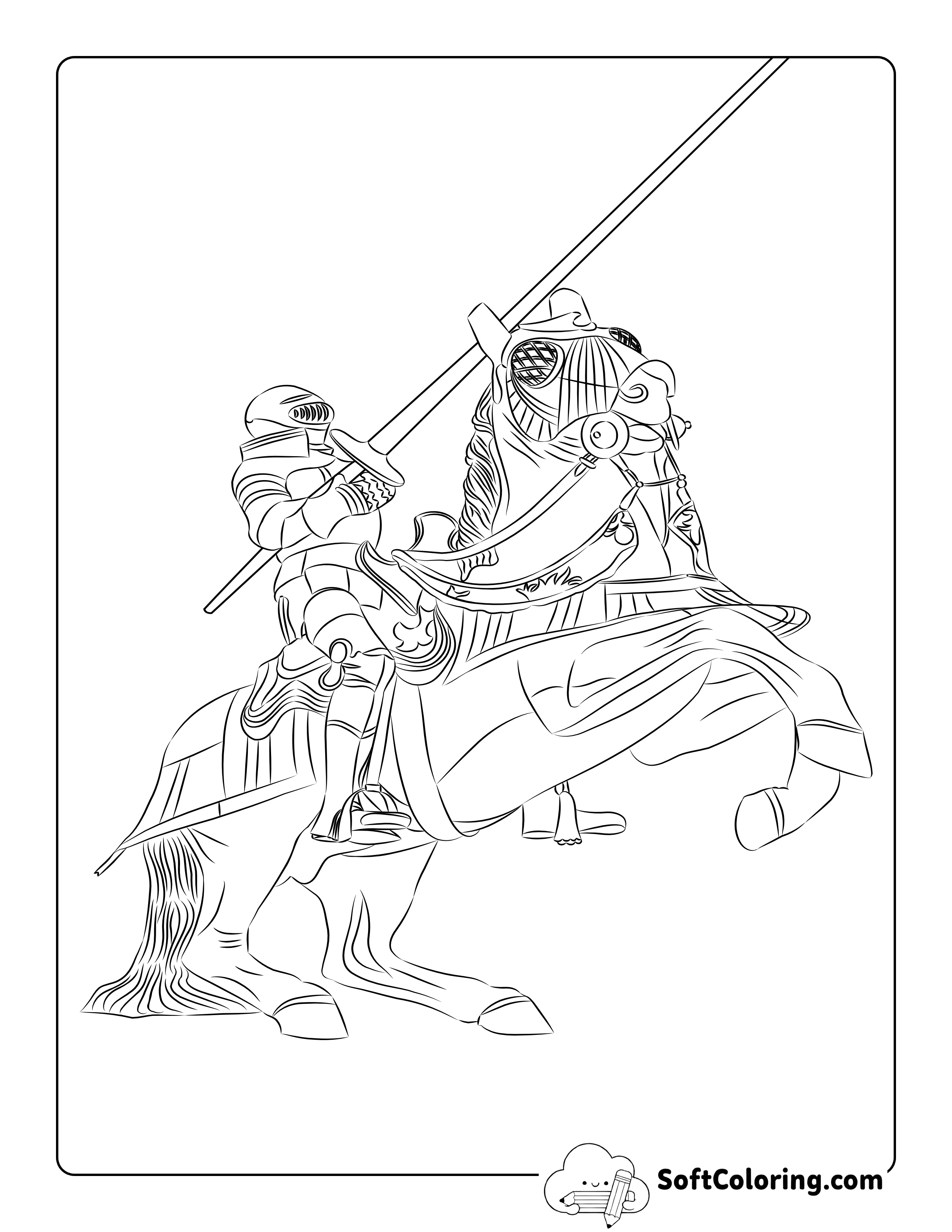 Knight and Armored Horse Coloring Sheet