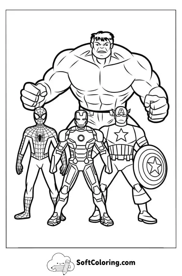 Spider-Man, Iron Man, Captain America, And Hulk Coloring Page