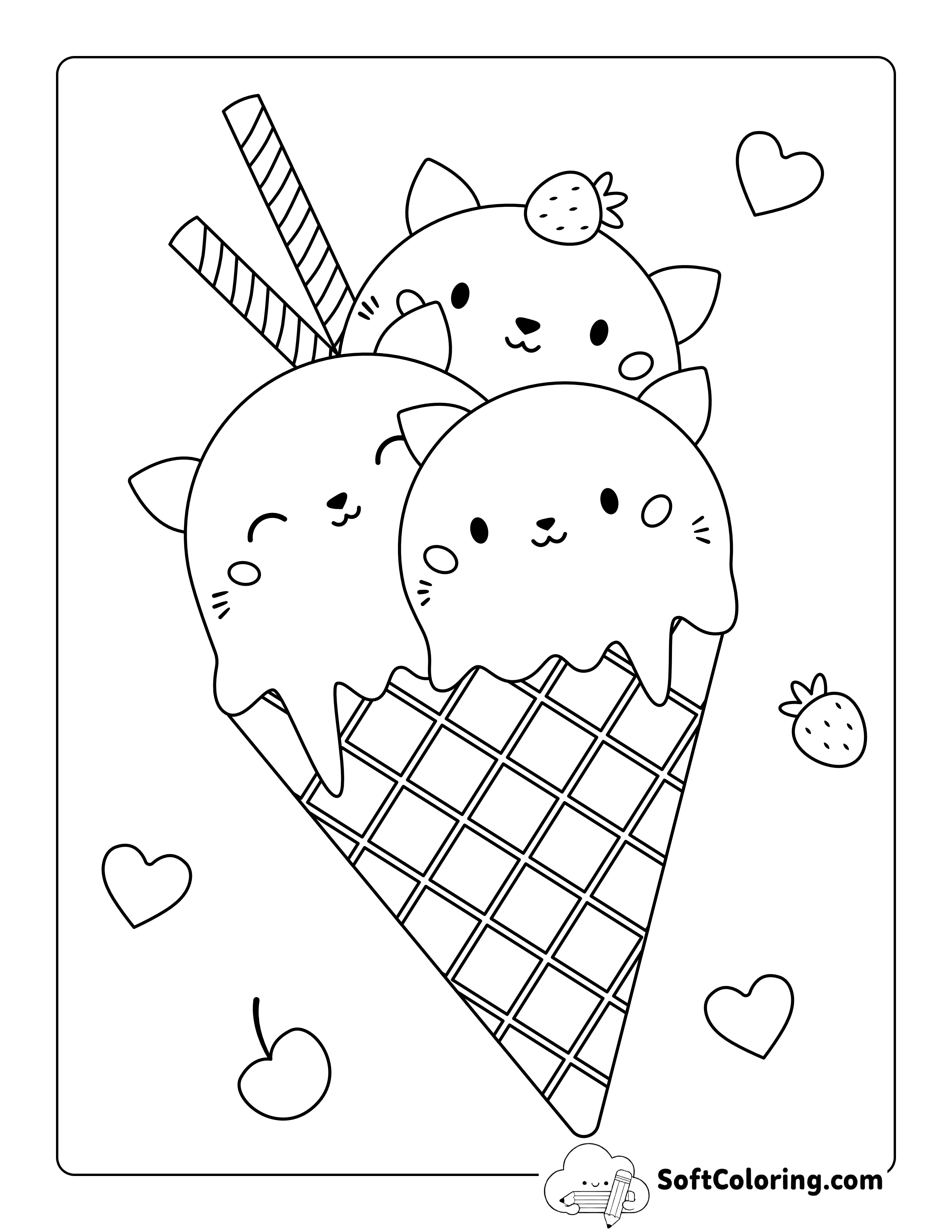 3 Scoop Cute Cats Ice Cream Coloring Page