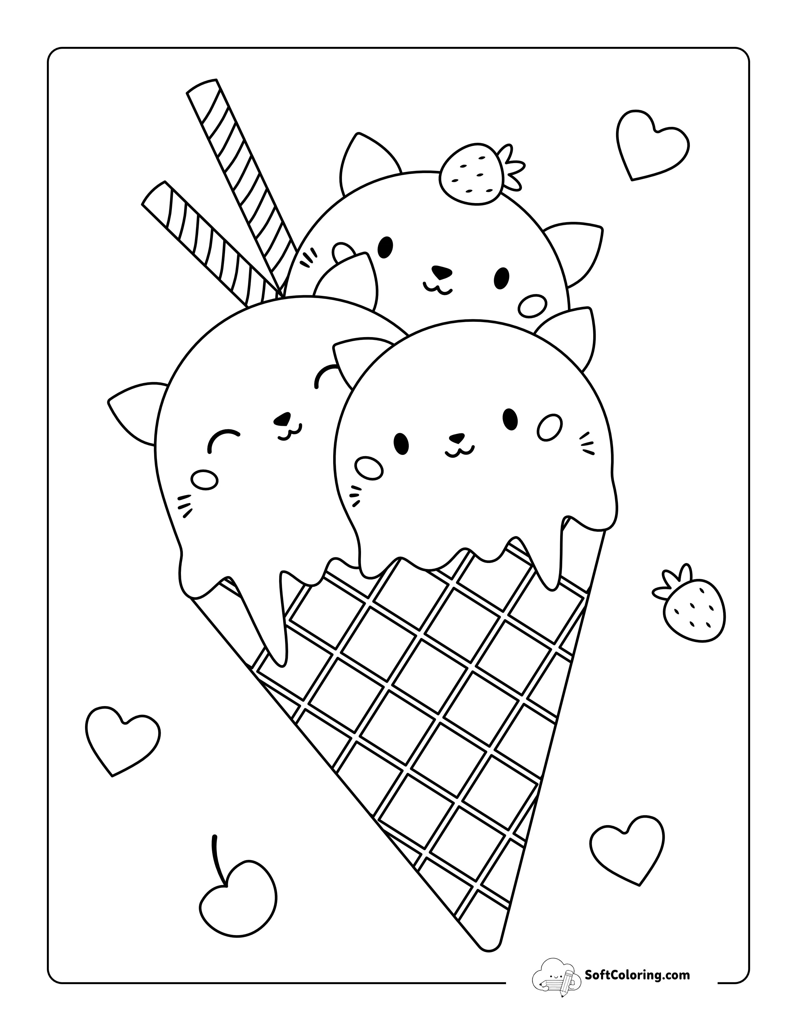3 Scoop Kawaii Cats Ice Cream Coloring Page