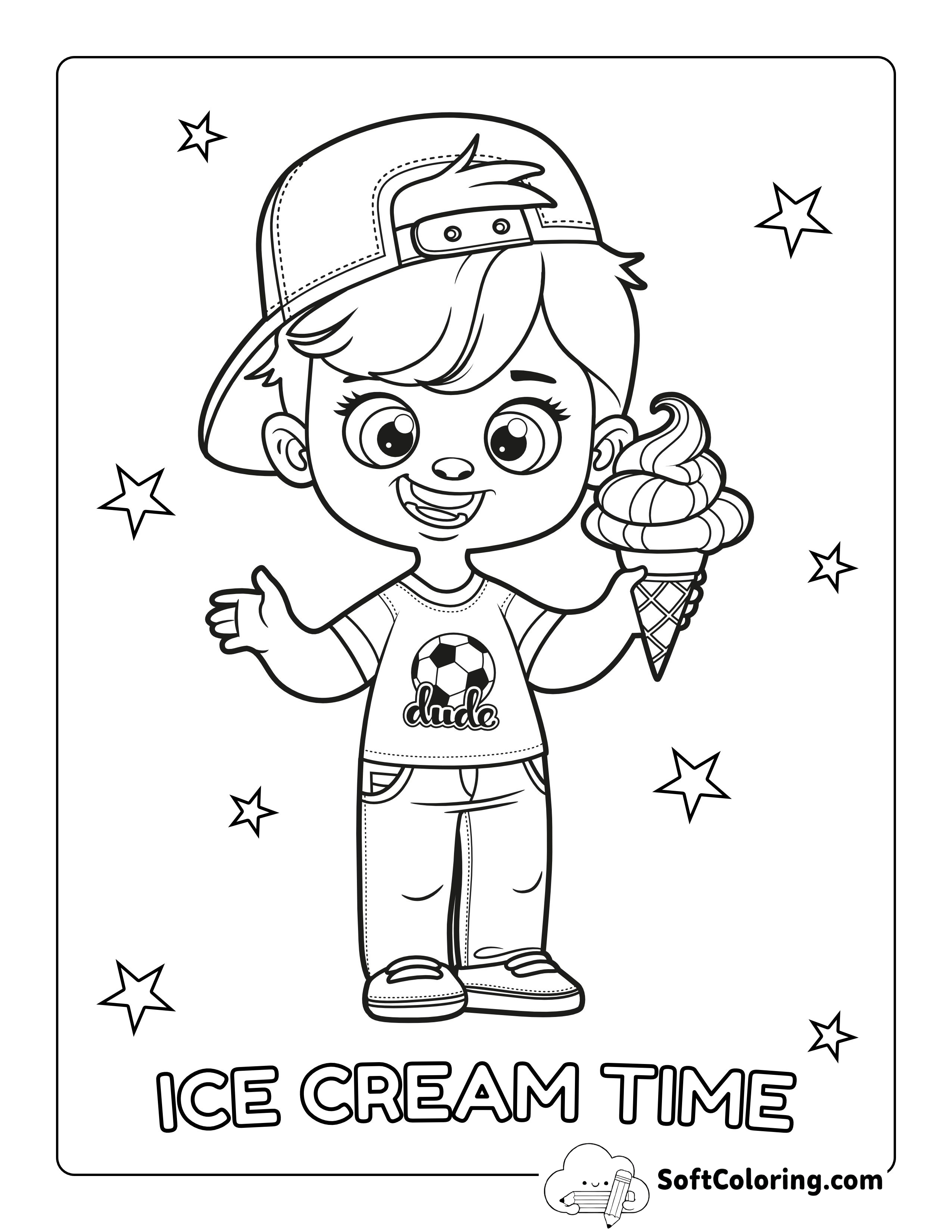 "Ice Cream Time" Boy Eating Ice Cream Picture to Color