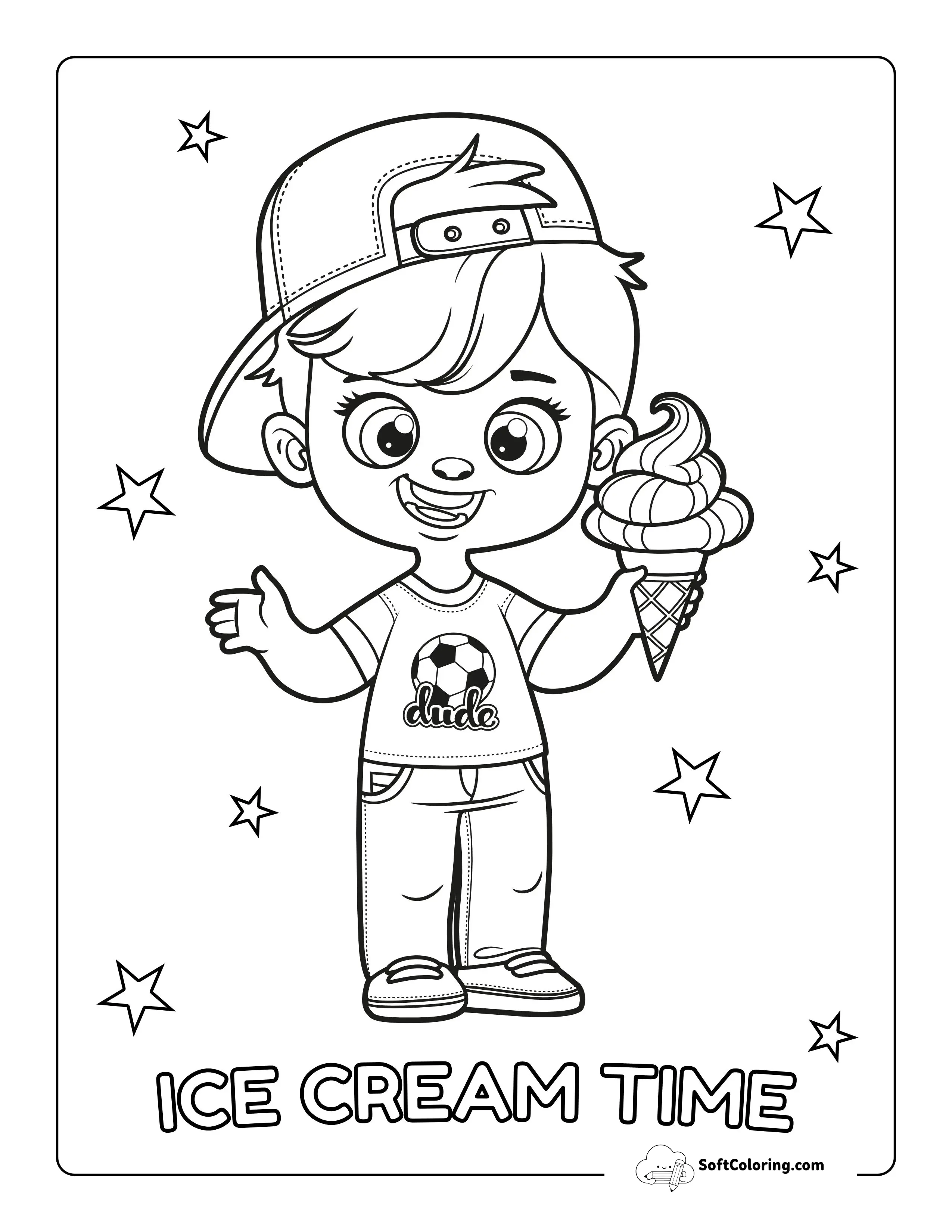 "Ice Cream Time" Boy Eating Ice Cream Picture To Color