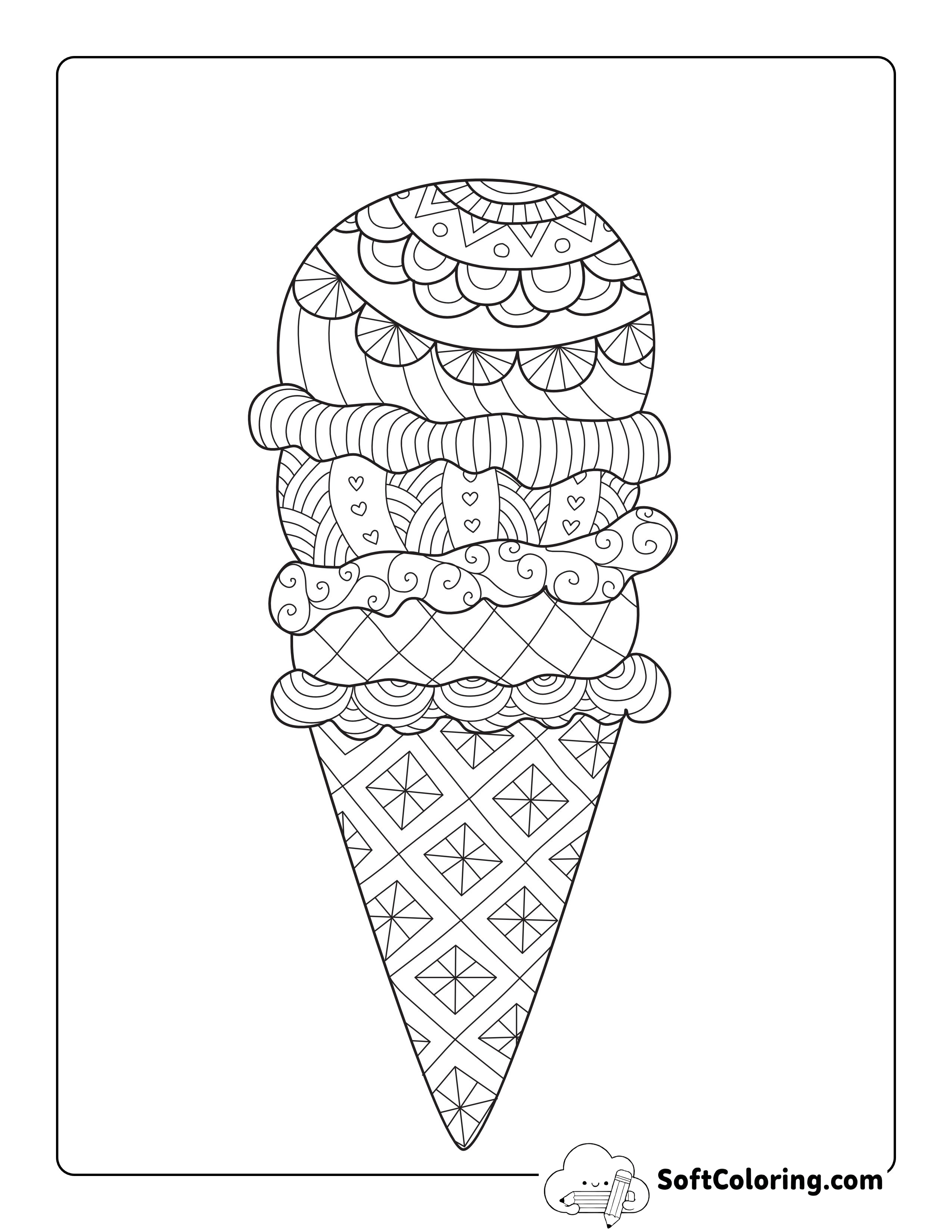 Ice Cream Zentangle Coloring Page for Adults