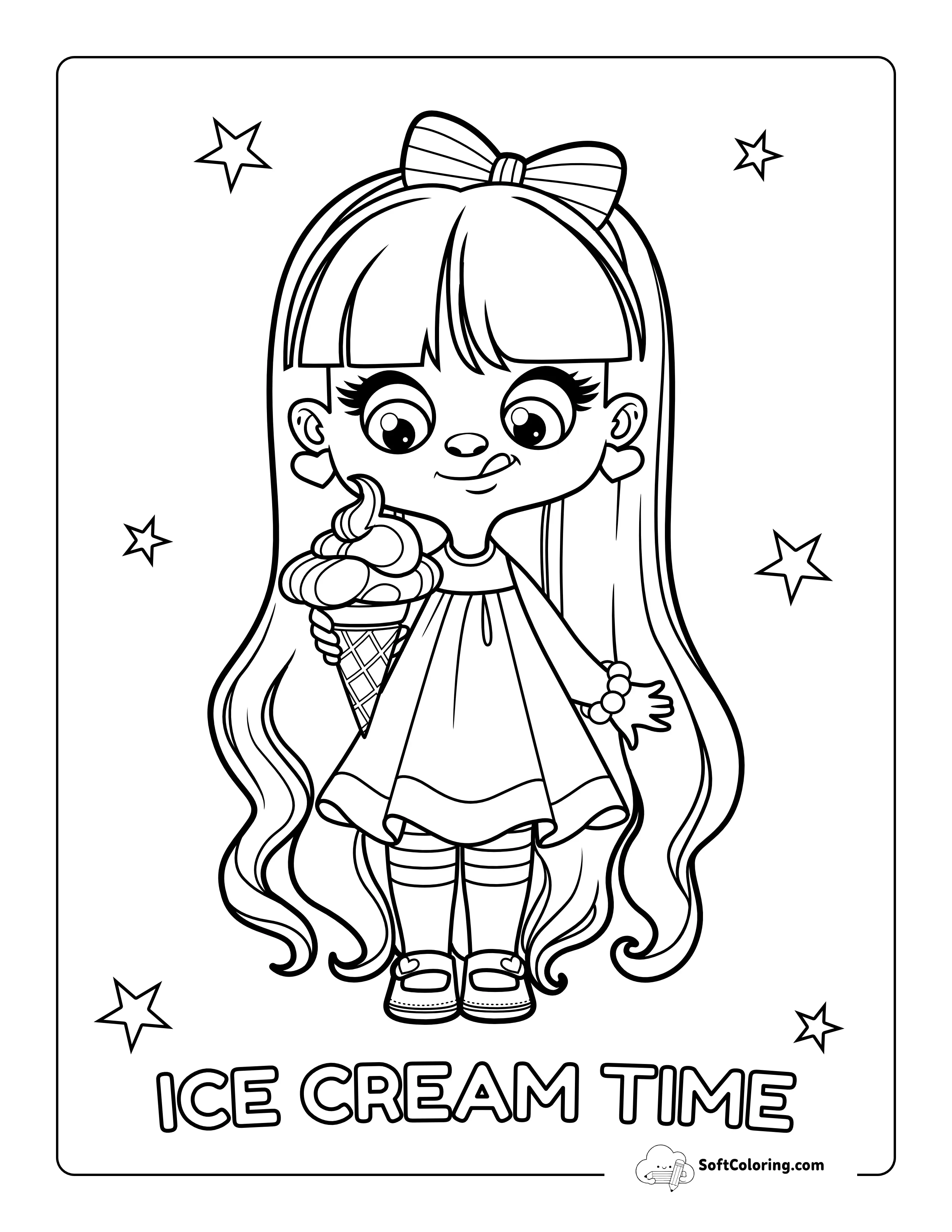 "Ice Cream Time" Girl Eating Ice Cream Coloring Sheet