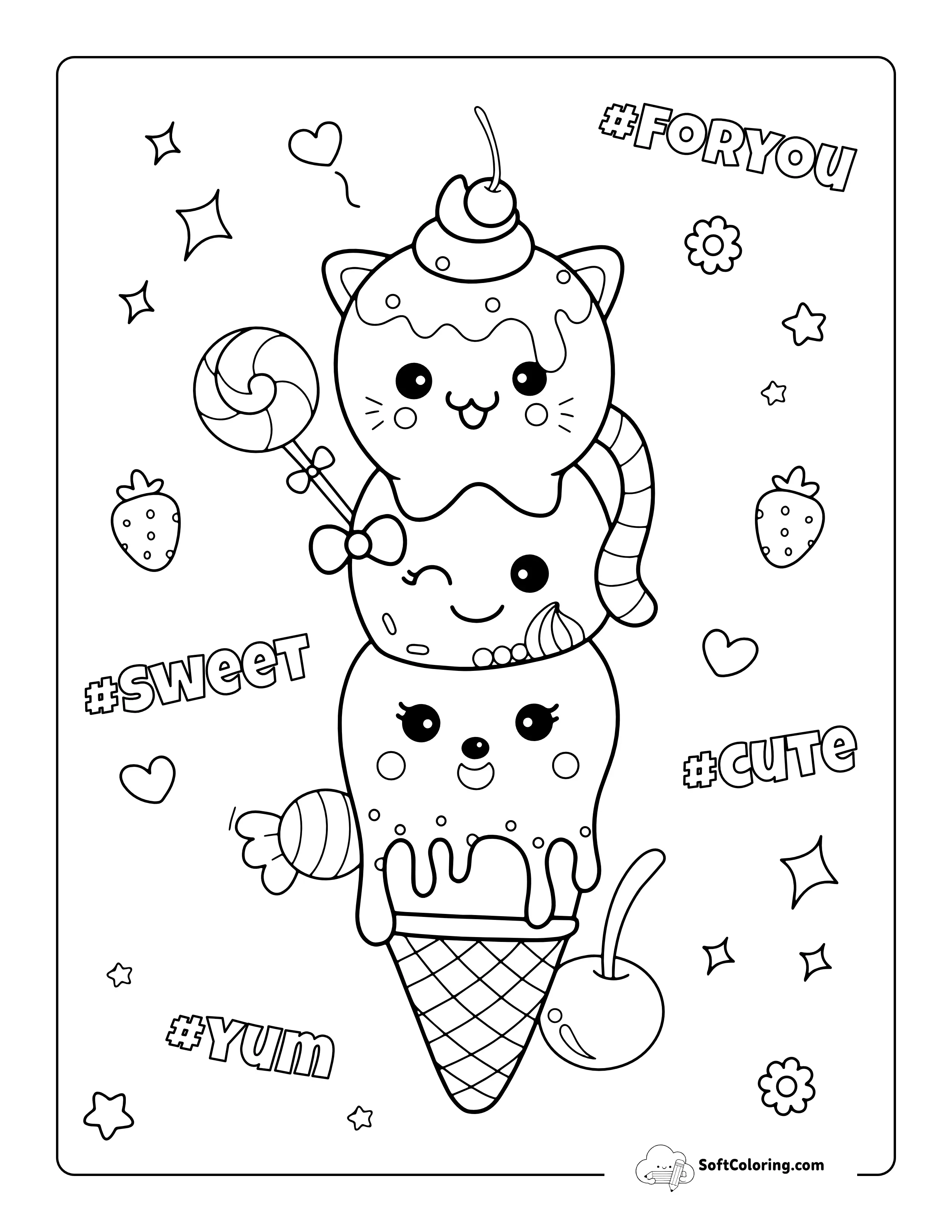 3 Scoops Cute Ice Cream Coloring Page