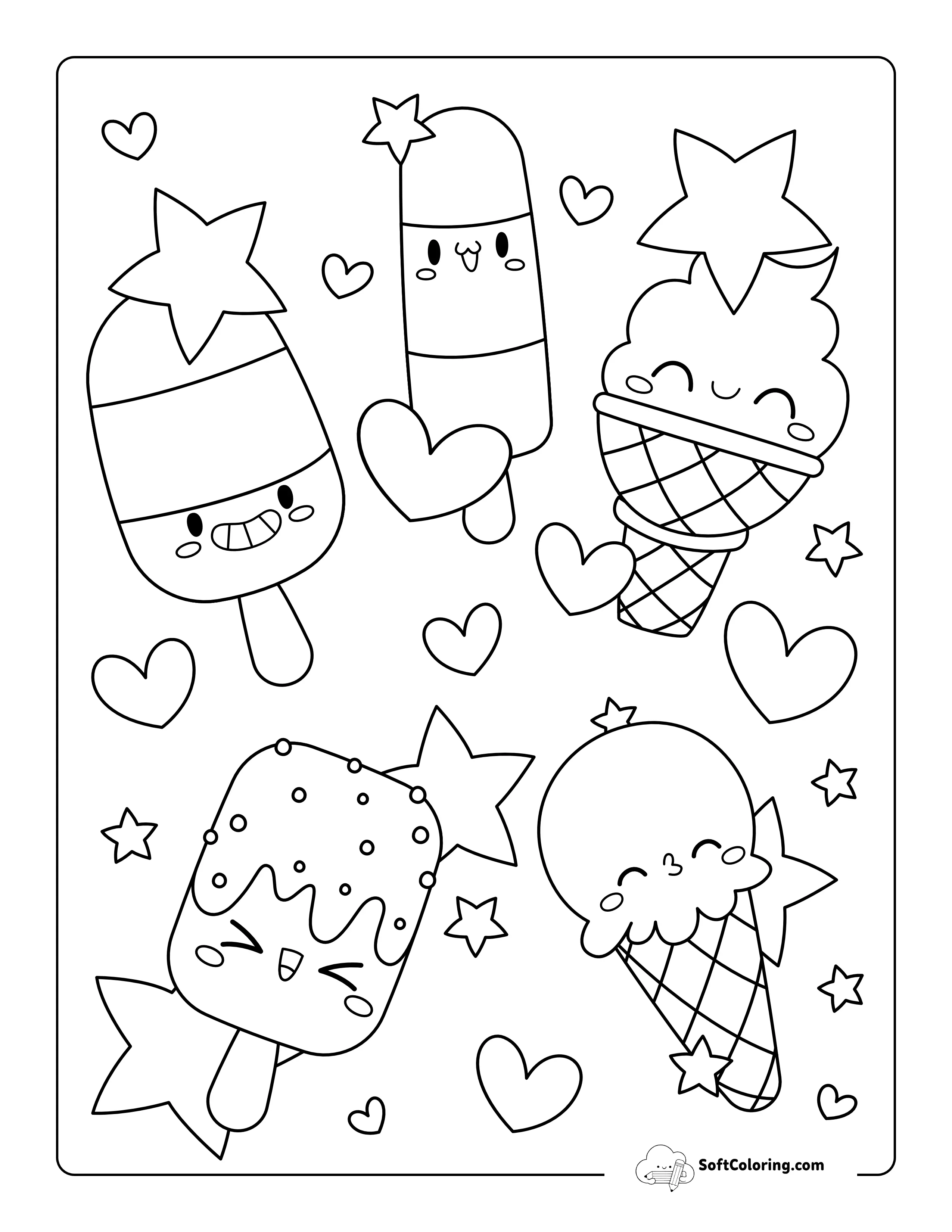 Kawaii Ice Creams Coloring Sheet For Kids