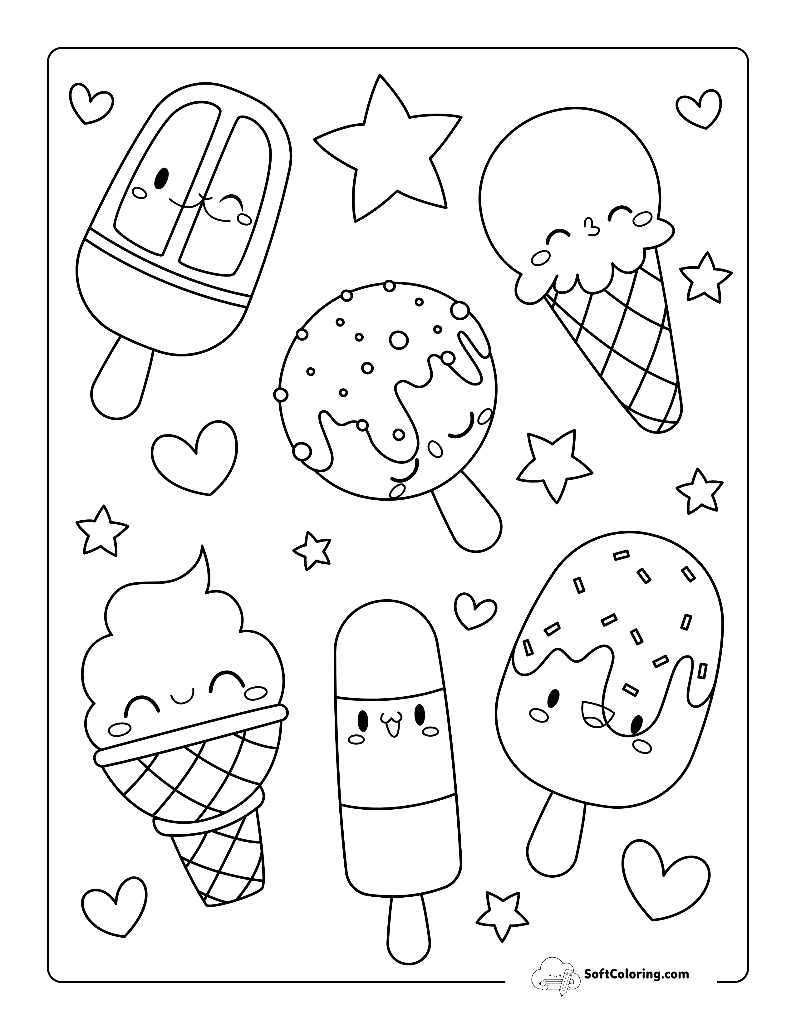 Kawaii Ice Creams & Popsicles To Color