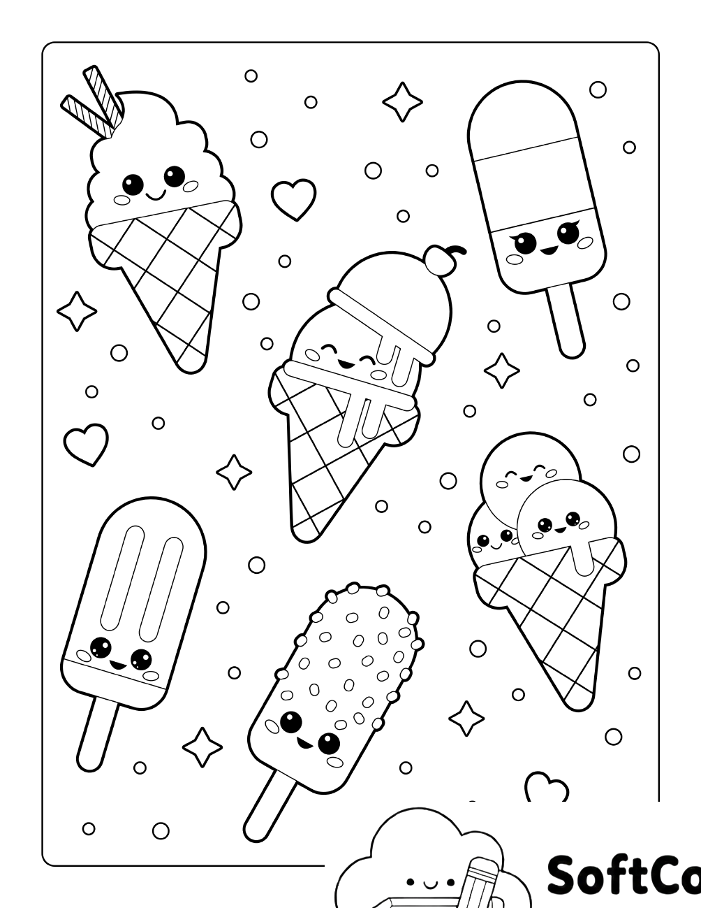 Cute Ice Creams Coloring Page for Kids